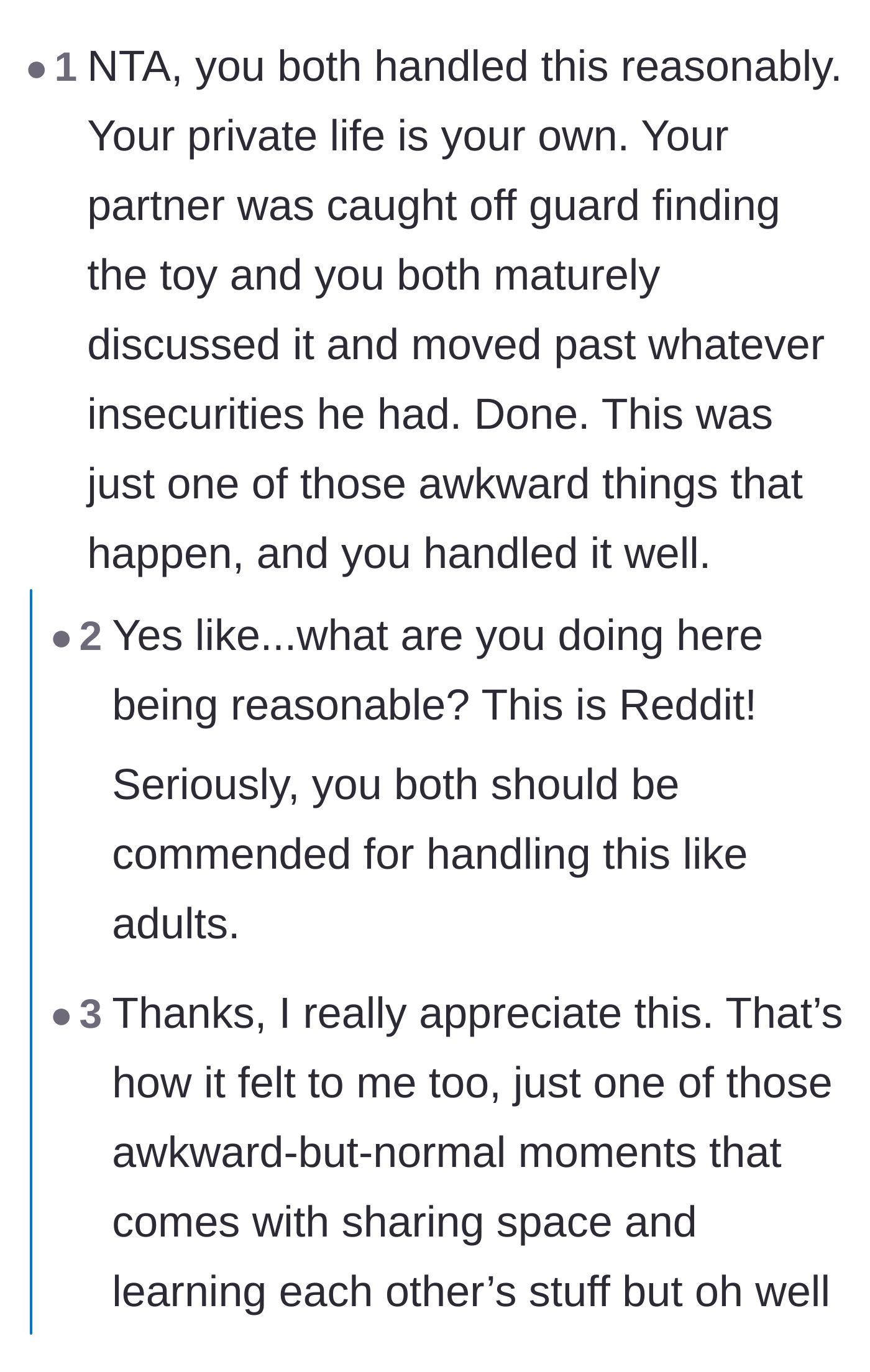 Comment thread 1 - Readers praising the couple for their rare, mature communication.