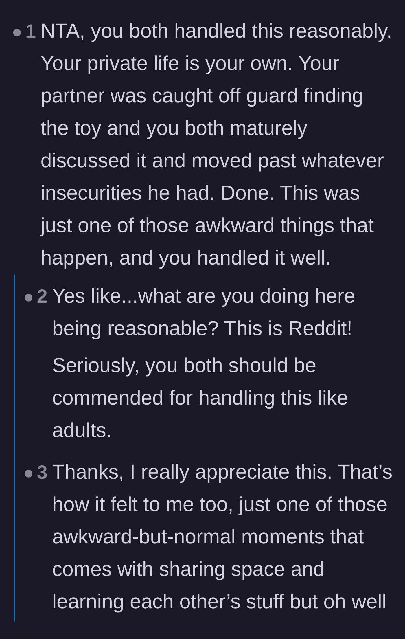 Comment thread 1 - Readers praising the couple for their rare, mature communication.