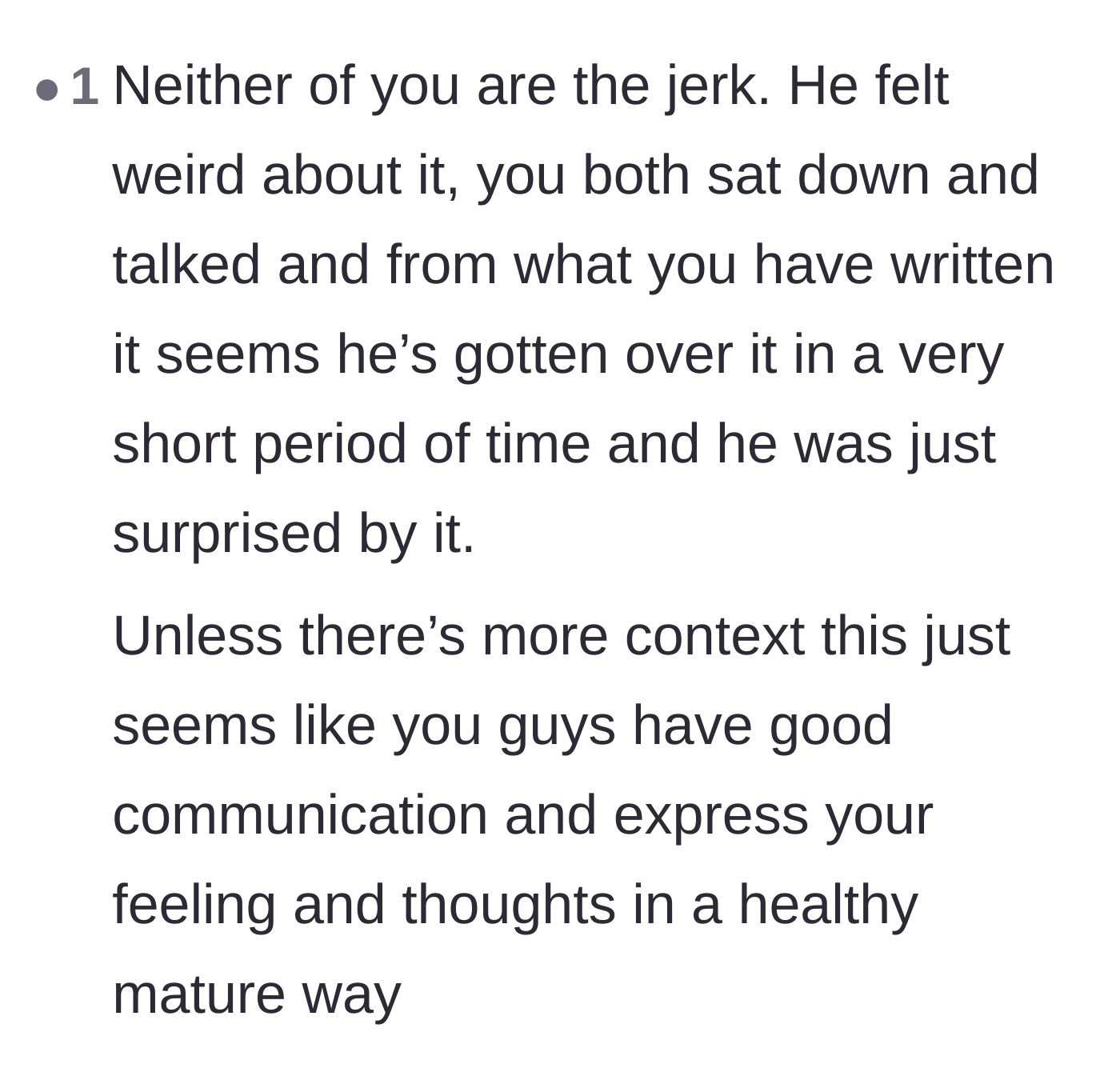 Comment thread 2 - Agreeing that neither partner is at fault and highlighting their healthy relationship.