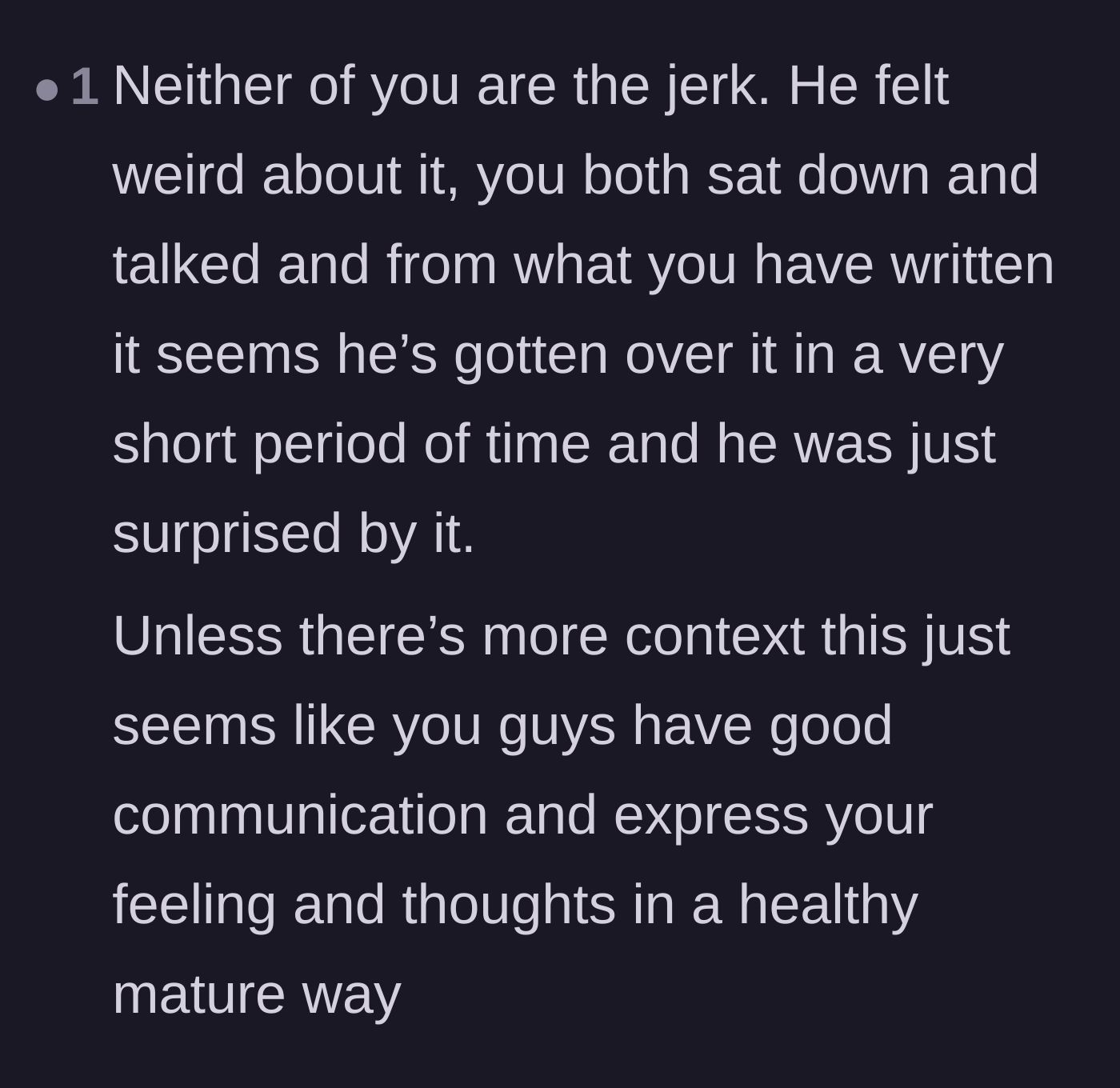Comment thread 2 - Agreeing that neither partner is at fault and highlighting their healthy relationship.