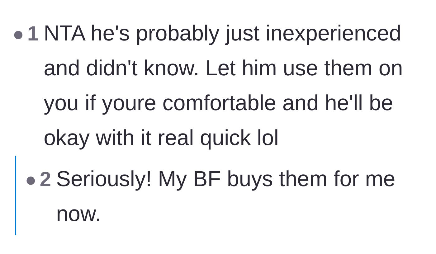 Comment thread 3 - Advice on integrating the toys into their shared intimate life to ease his worries.