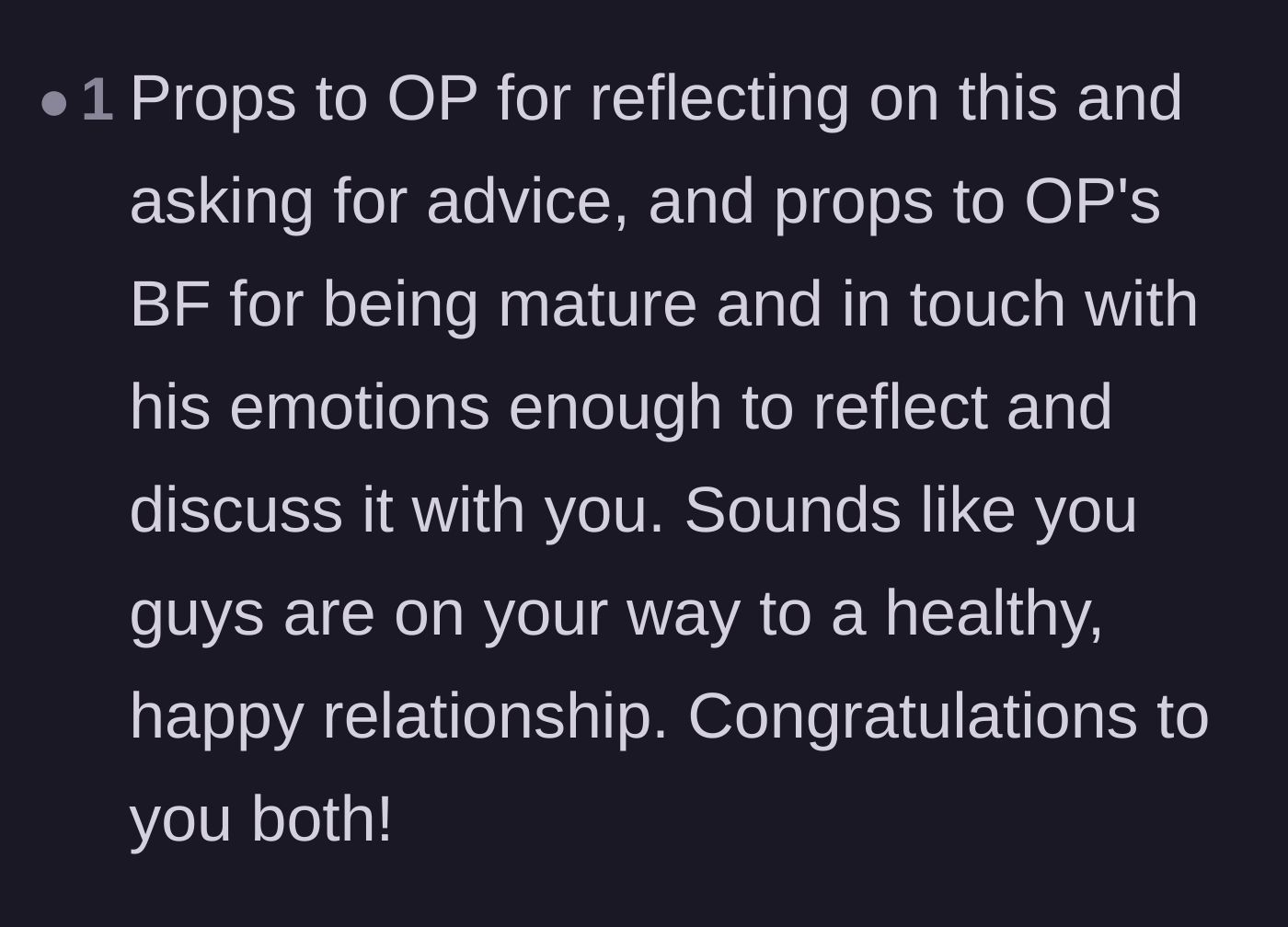 Comment thread 4 - Giving props to both partners for being self-reflective and in touch with their emotions.
