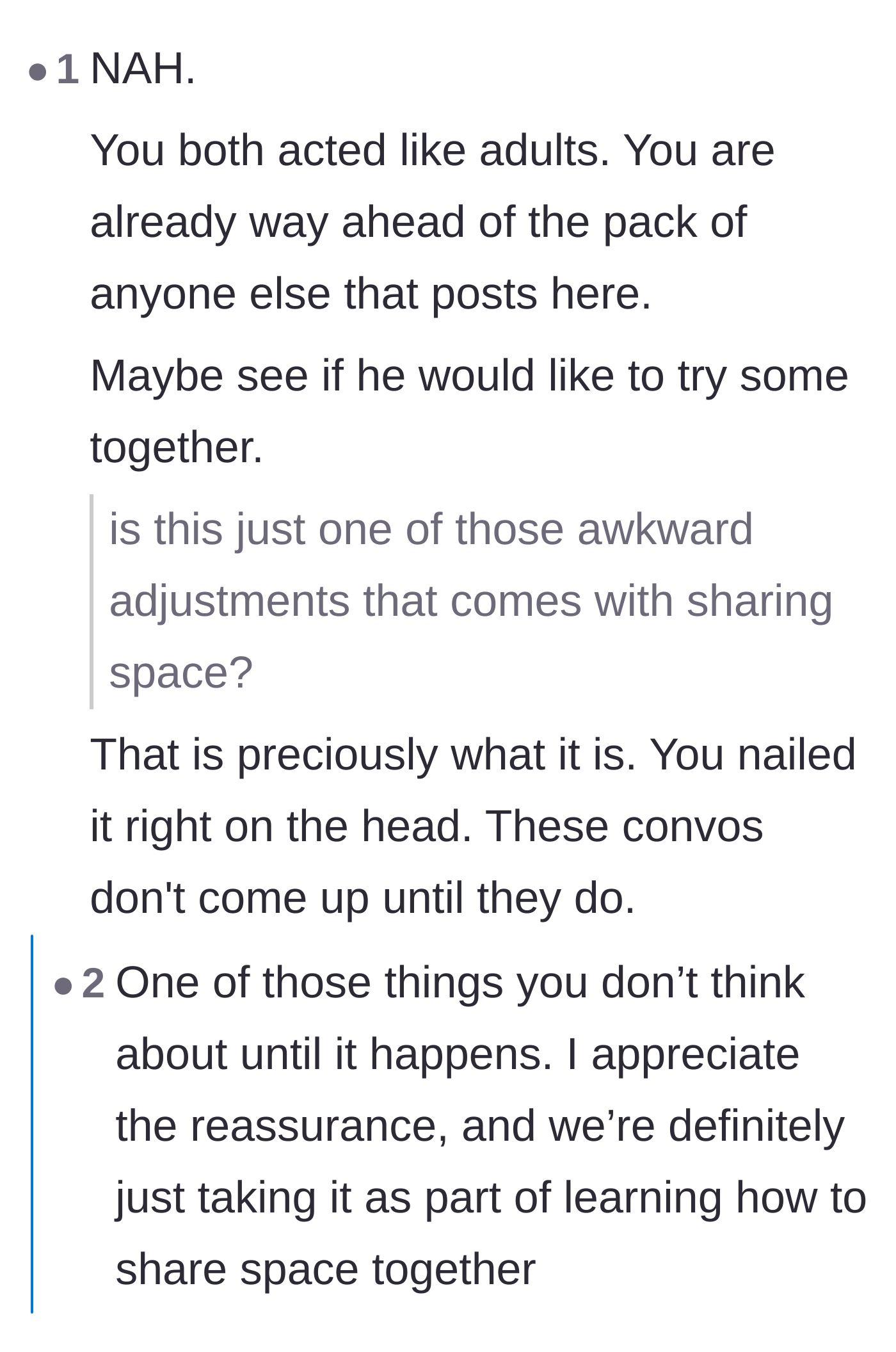 Comment thread 5 - Reassuring the author that this is just a normal, awkward part of moving in together.
