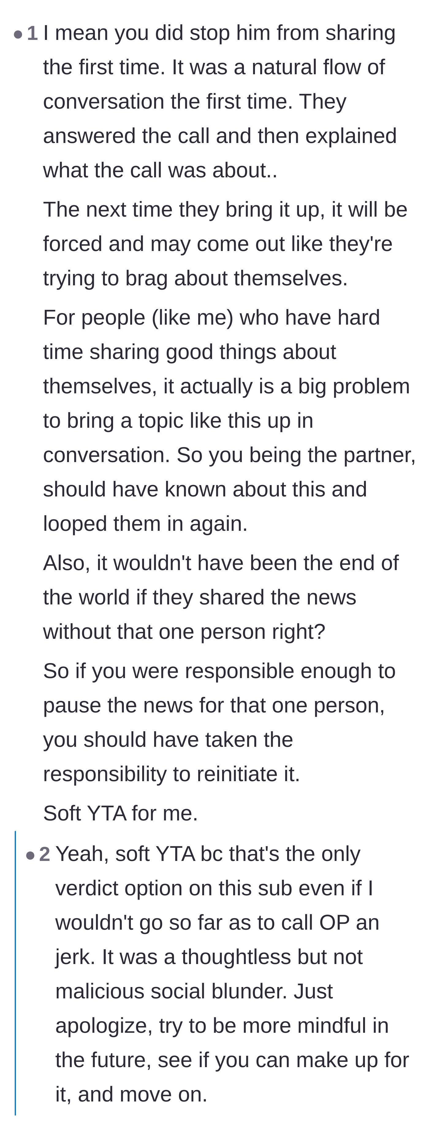 Comment thread 2 - Readers discussing how hard it is to share good news without sounding boastful, concluding the main character should have reinitiated.