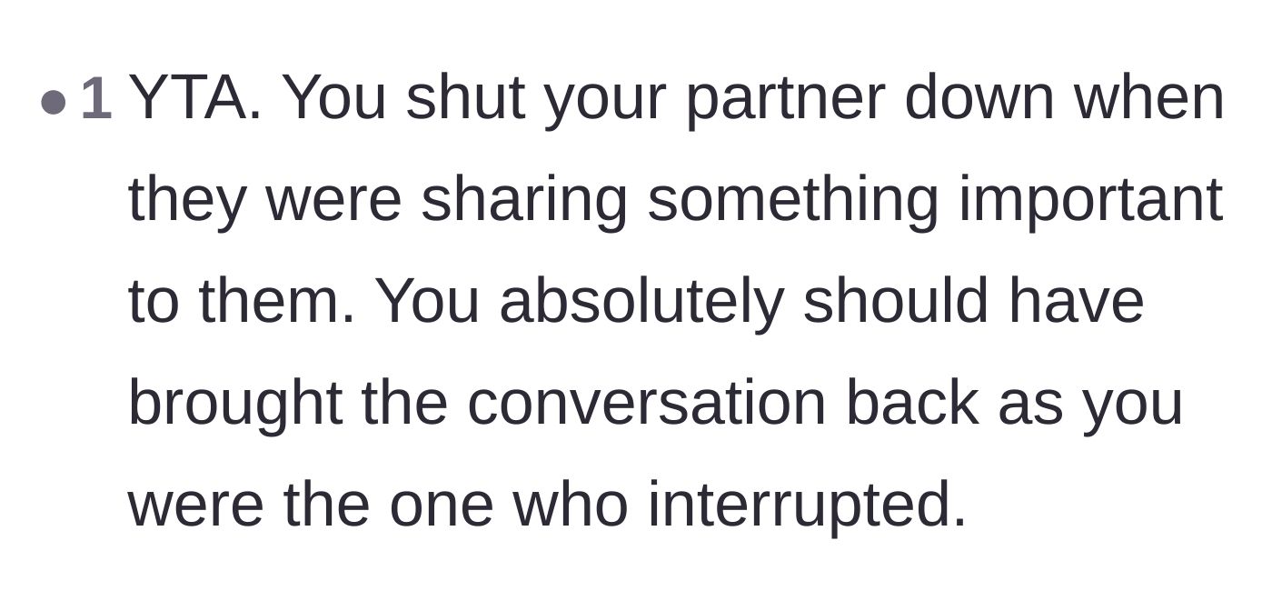 Comment thread 6 - A firm judgment stating the main character shut their partner down and owed them a conversational opening.