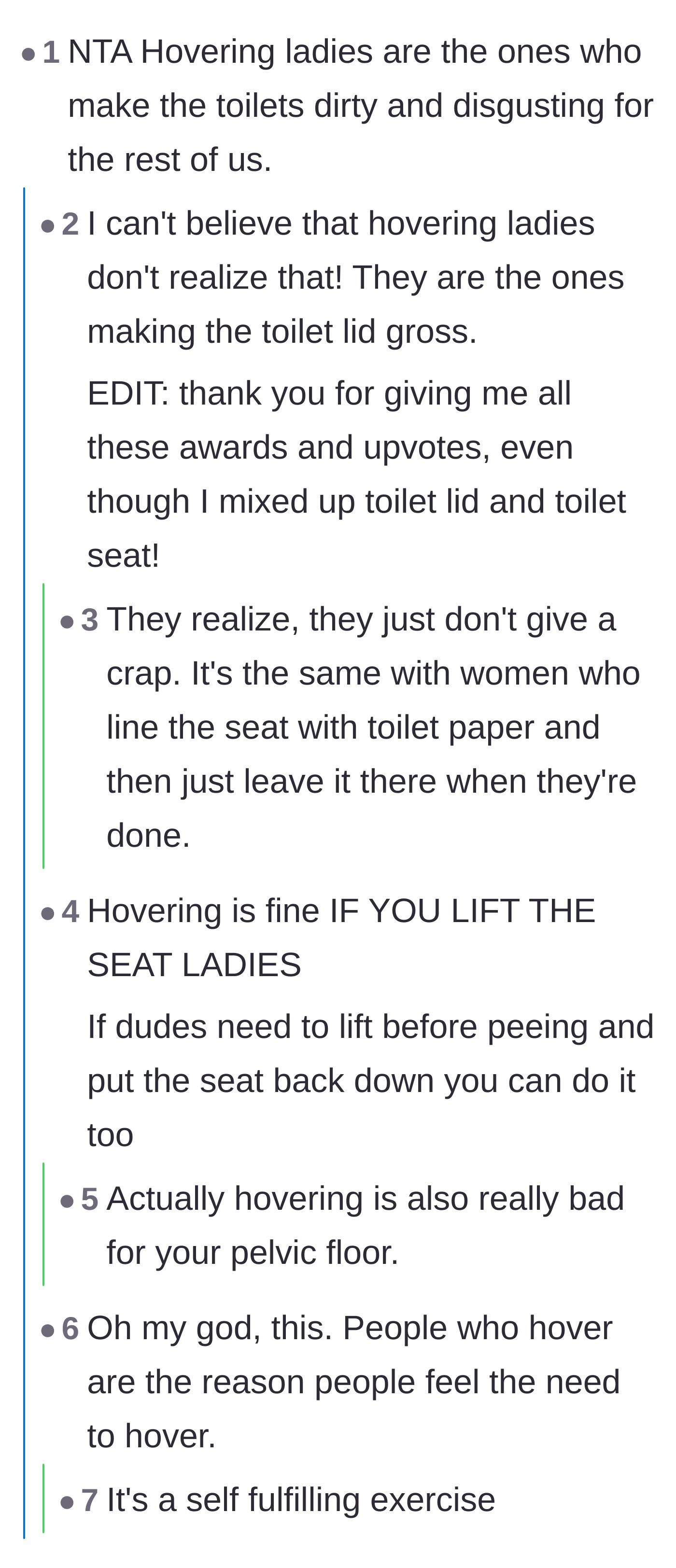 Comment thread 1 - Readers point out that women who hover to pee are actually the ones making public toilets dirty in the first place.