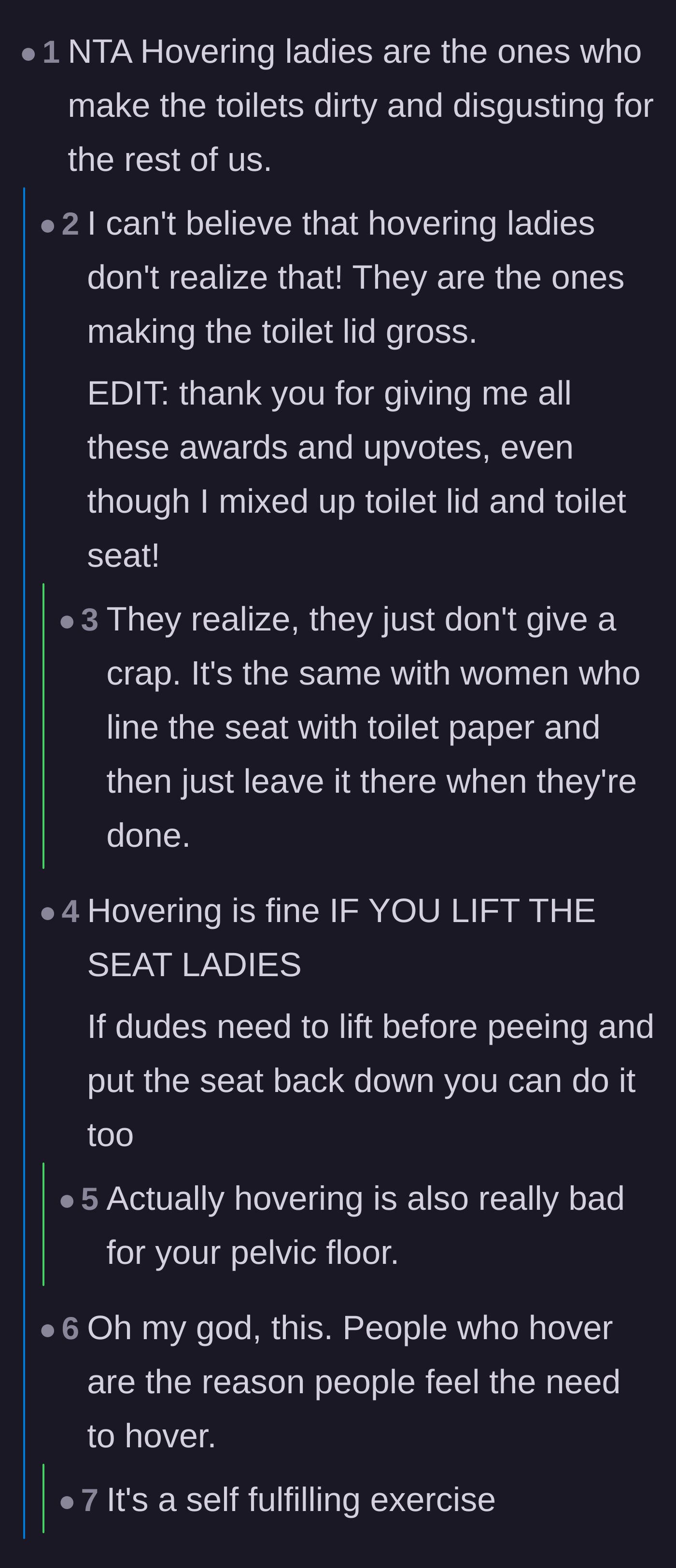 Comment thread 1 - Readers point out that women who hover to pee are actually the ones making public toilets dirty in the first place.