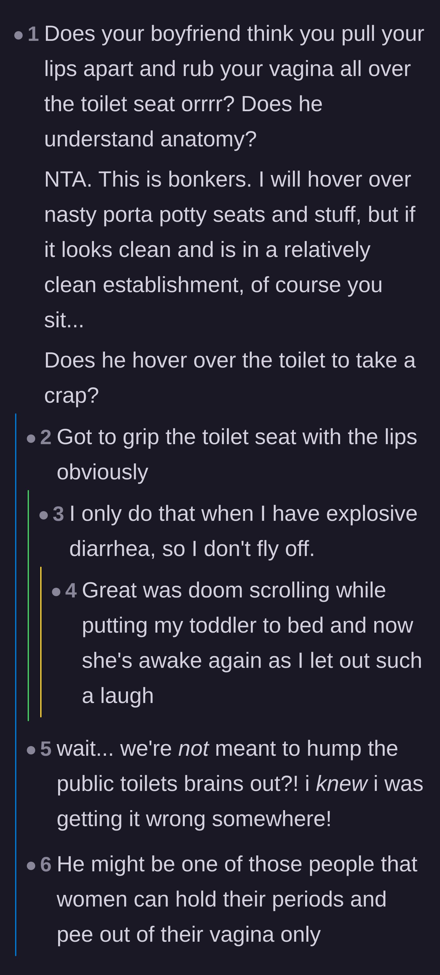 Comment thread 2 - Commenters mock the boyfriend's lack of anatomical knowledge regarding how women sit on toilets.