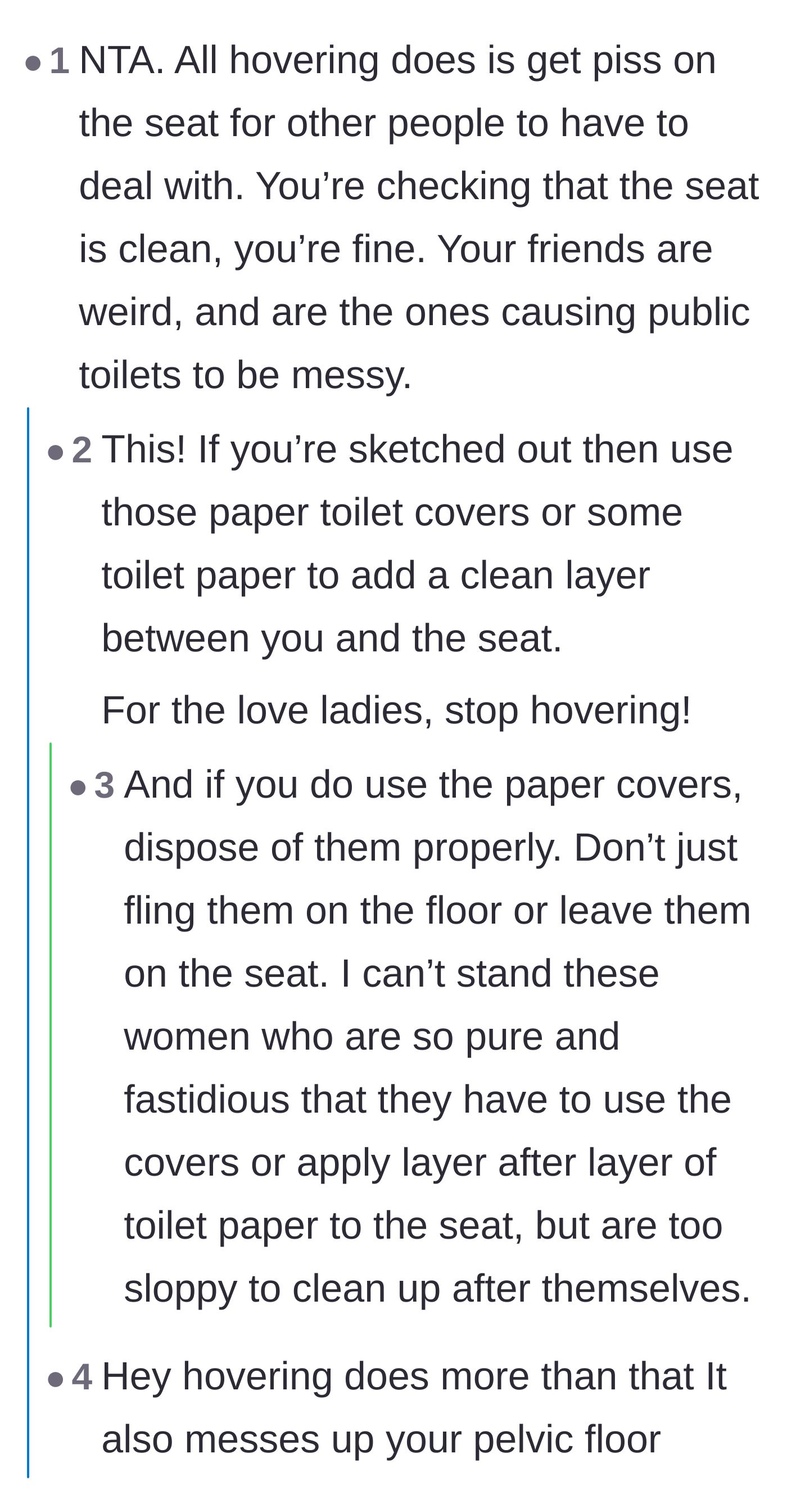 Comment thread 3 - Frustrations over women who build toilet paper seat covers but refuse to clean them up afterward.
