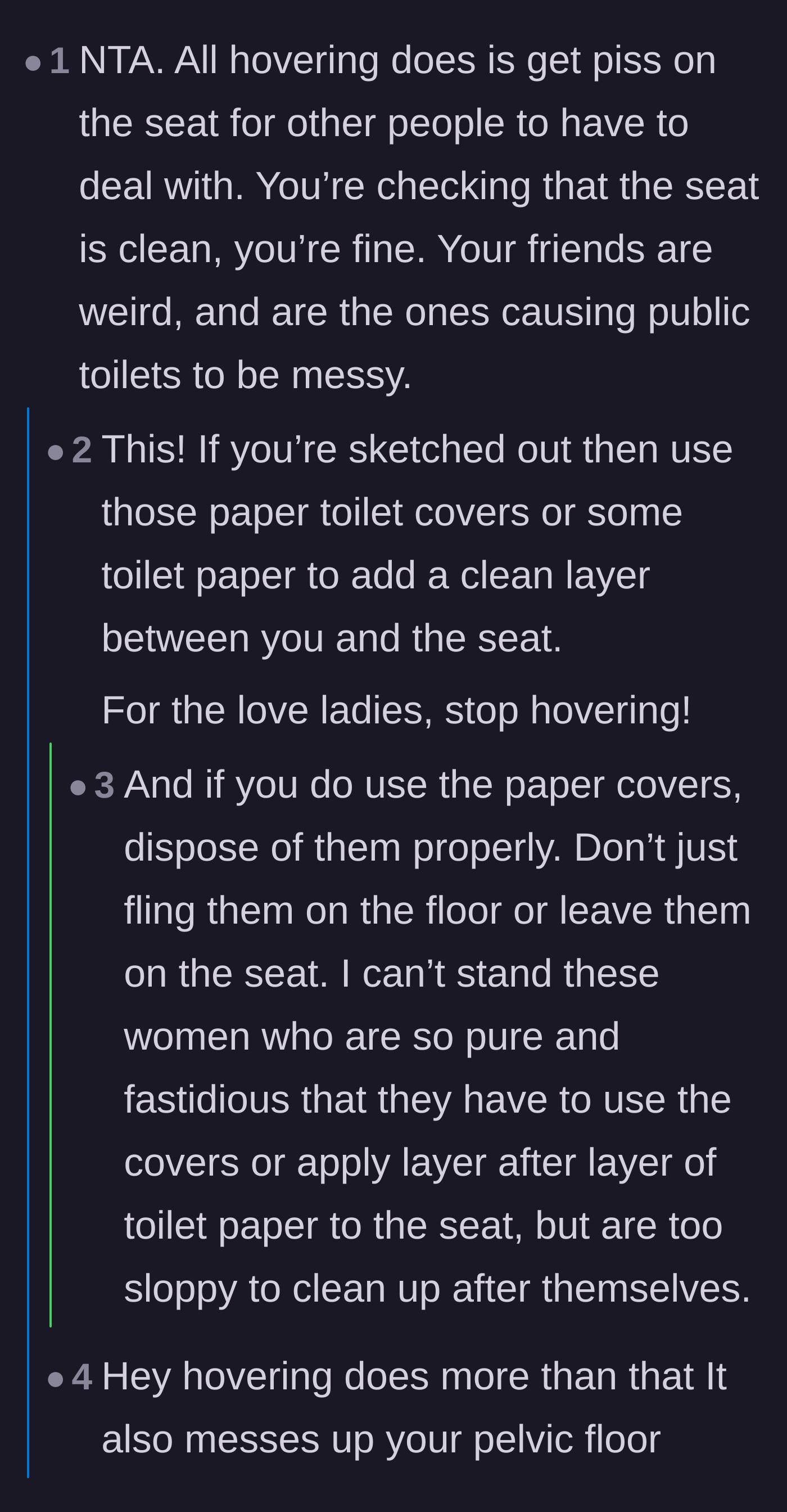 Comment thread 3 - Frustrations over women who build toilet paper seat covers but refuse to clean them up afterward.