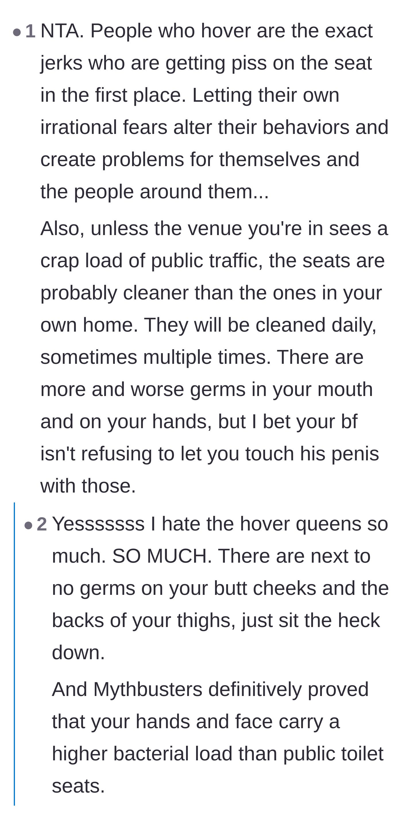 Comment thread 4 - A discussion about how science proves public toilet seats carry fewer germs than cell phones and hands.