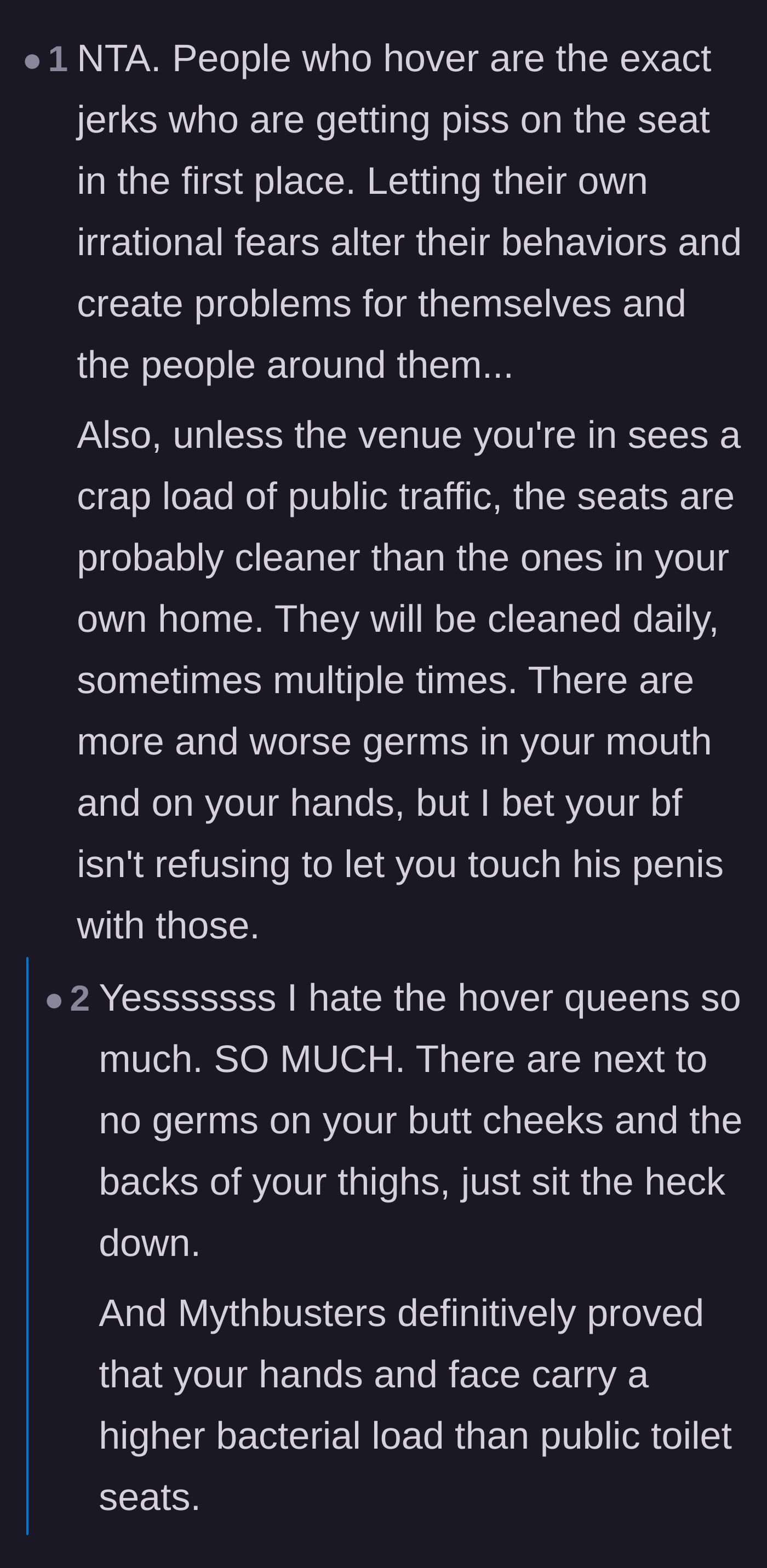 Comment thread 4 - A discussion about how science proves public toilet seats carry fewer germs than cell phones and hands.