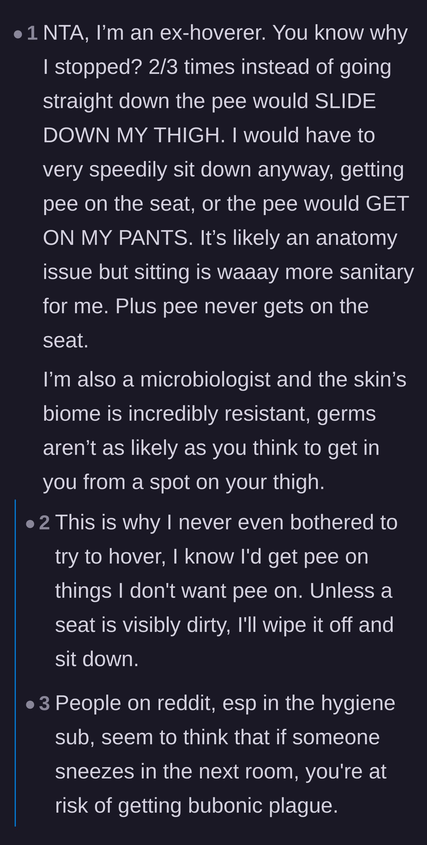 Comment thread 5 - A microbiologist shares a funny personal story about the anatomical disasters of trying to hover.