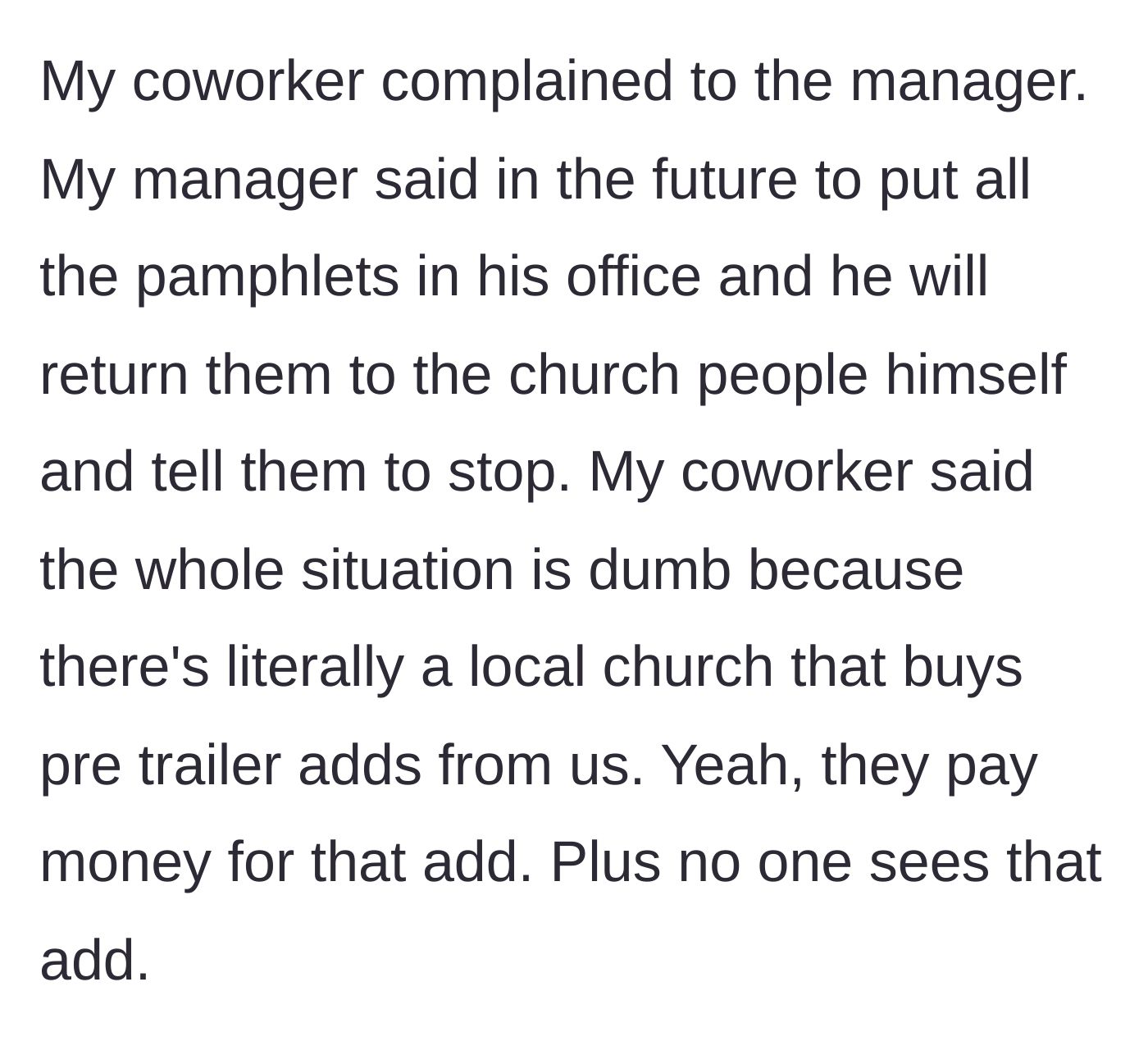 Story part 4 - The coworker escalates the issue to management, resulting in a sensible compromise from the boss, while the coworker continues to argue.
