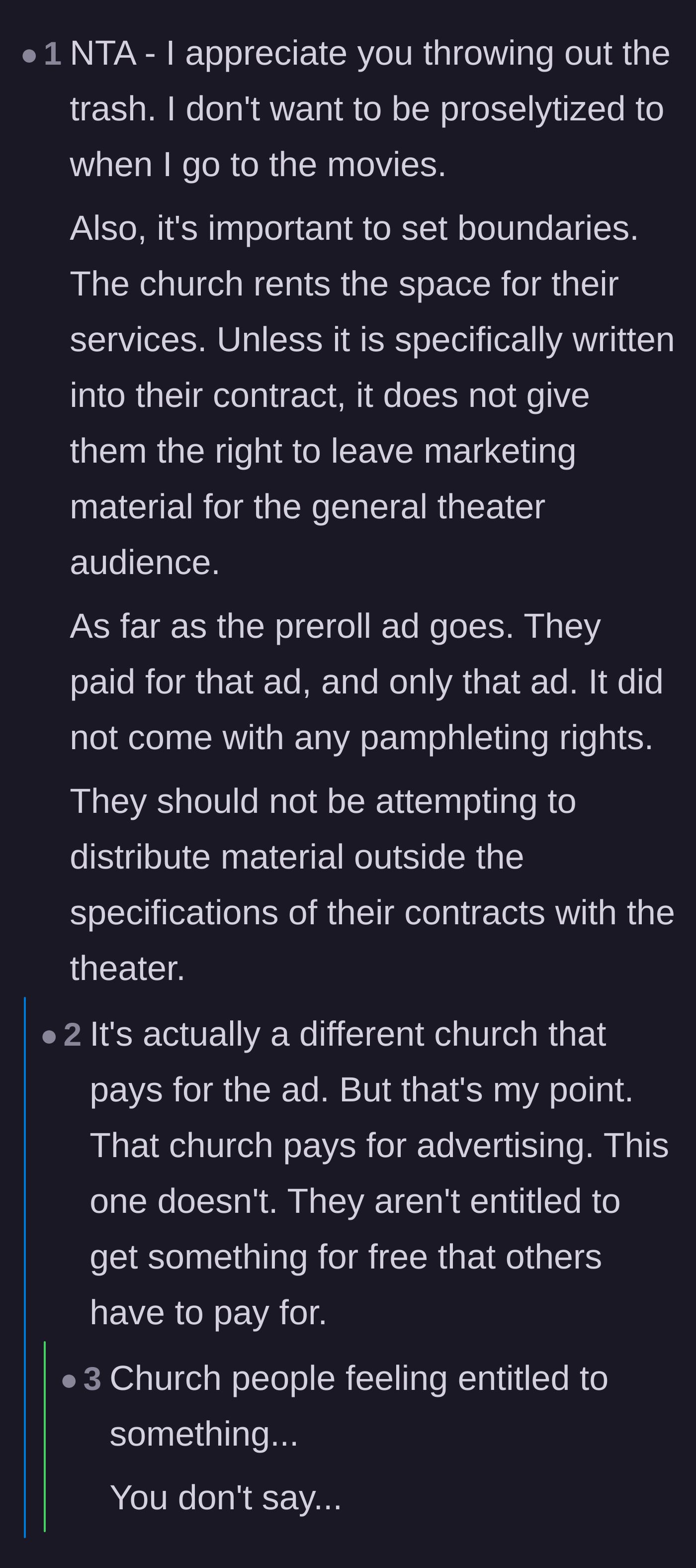 Comment thread 3 - Readers applaud the bartender for enforcing contractual boundaries and refusing to allow free marketing.