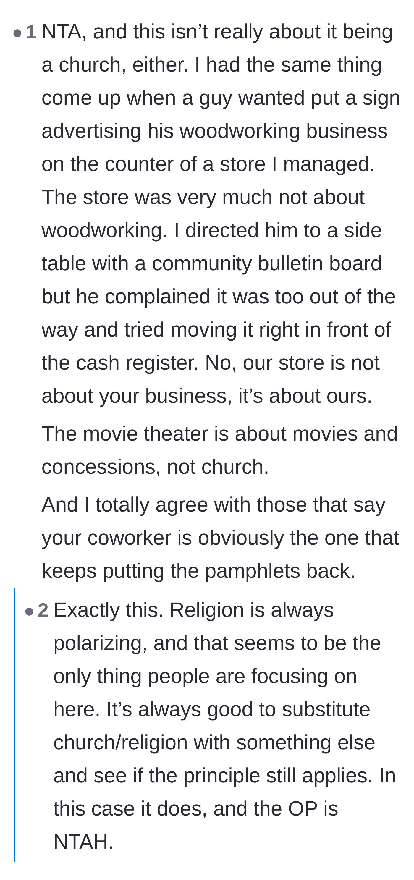 Comment thread 6 - A commenter compares the situation to a woodworker leaving unsolicited business signs in an unrelated store.