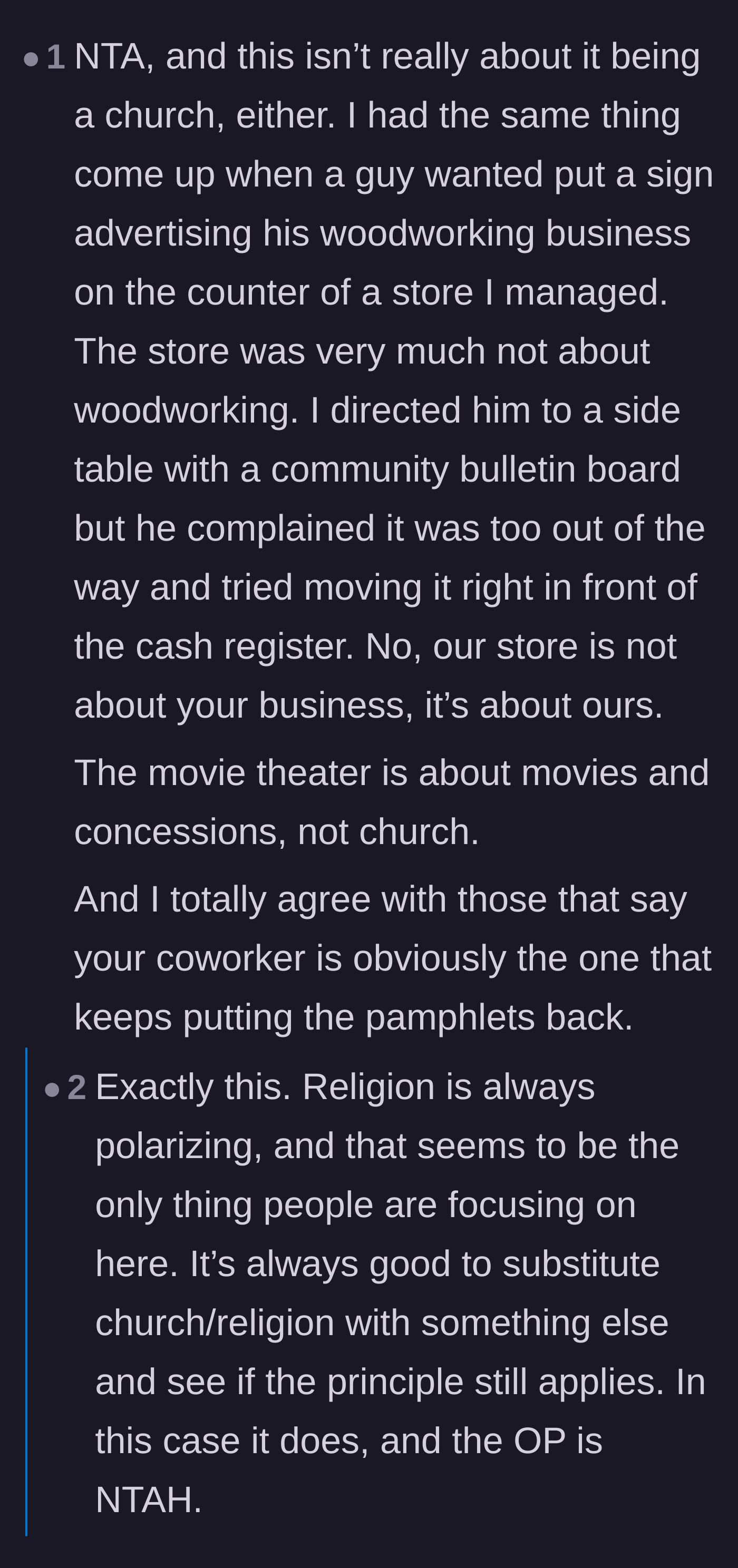 Comment thread 6 - A commenter compares the situation to a woodworker leaving unsolicited business signs in an unrelated store.