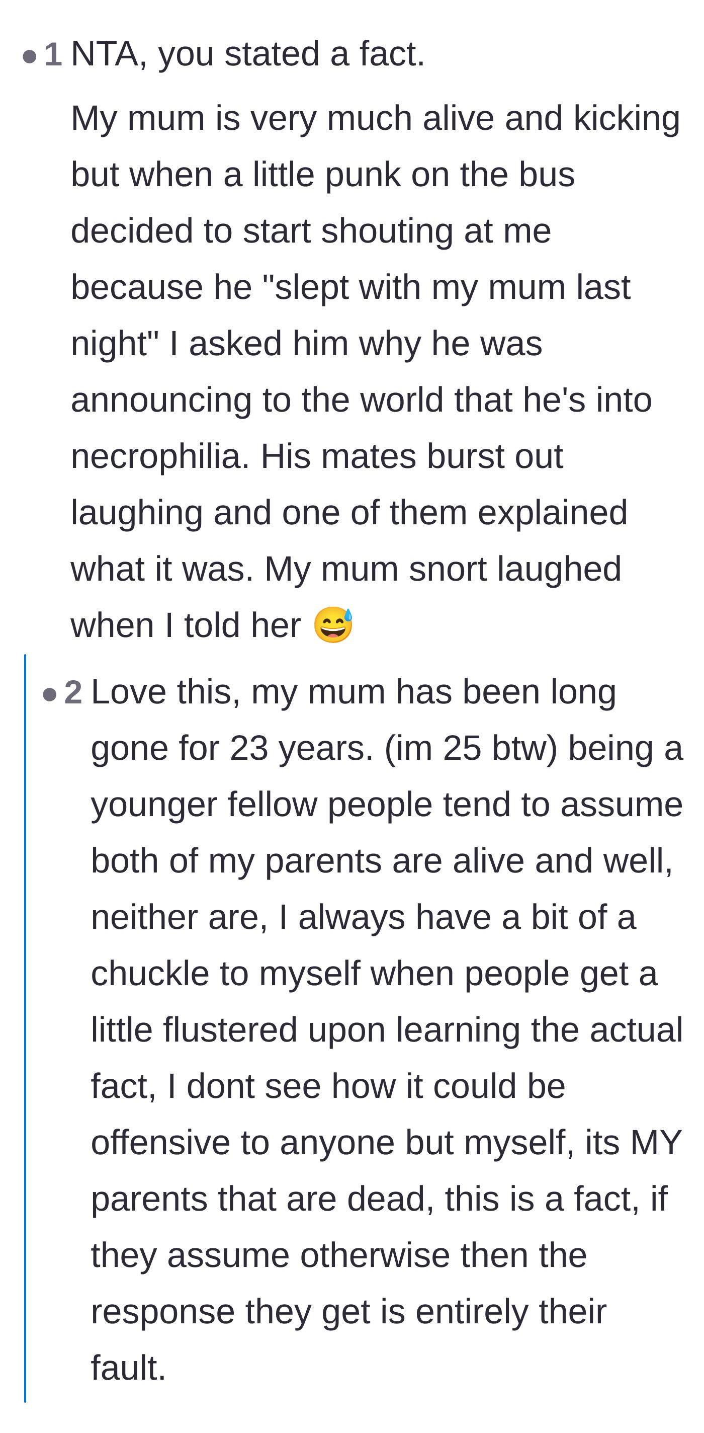 Comment thread 4 - Stories of using the reality of a dead parent as a tactical response to rude people.