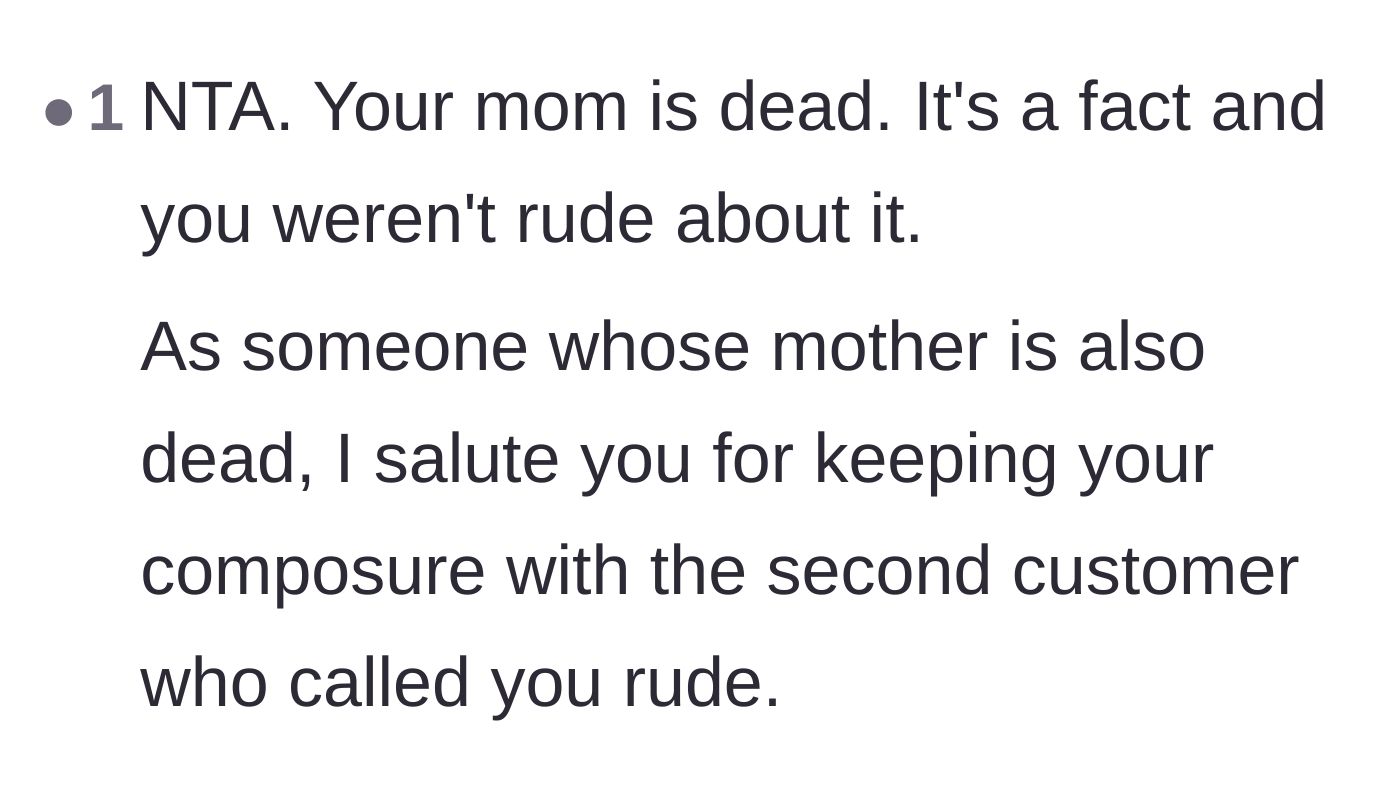 Comment thread 6 - Solidarity and praise for keeping composure from someone who also lost their mother.