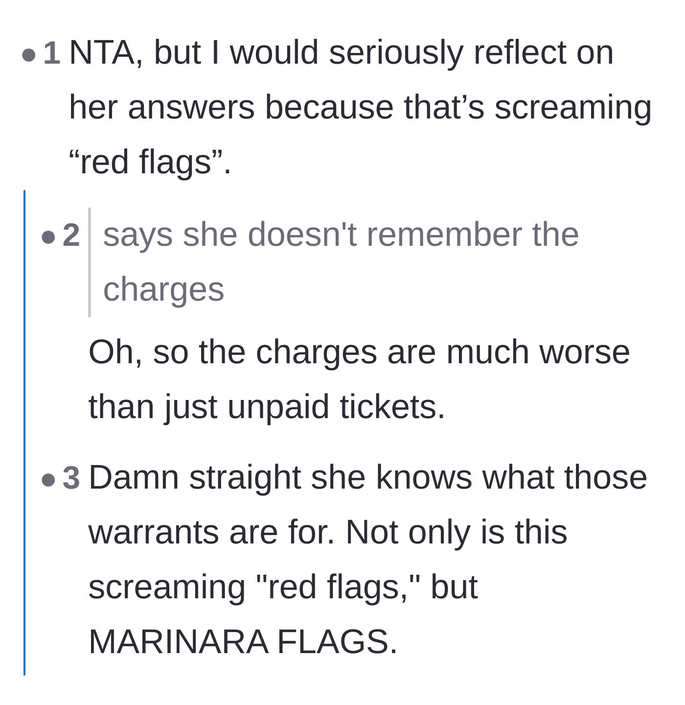 Comment thread 1 - A discussion pointing out the massive red flags of the girlfriend claiming to forget her charges, dubbing them 'marinara flags.'