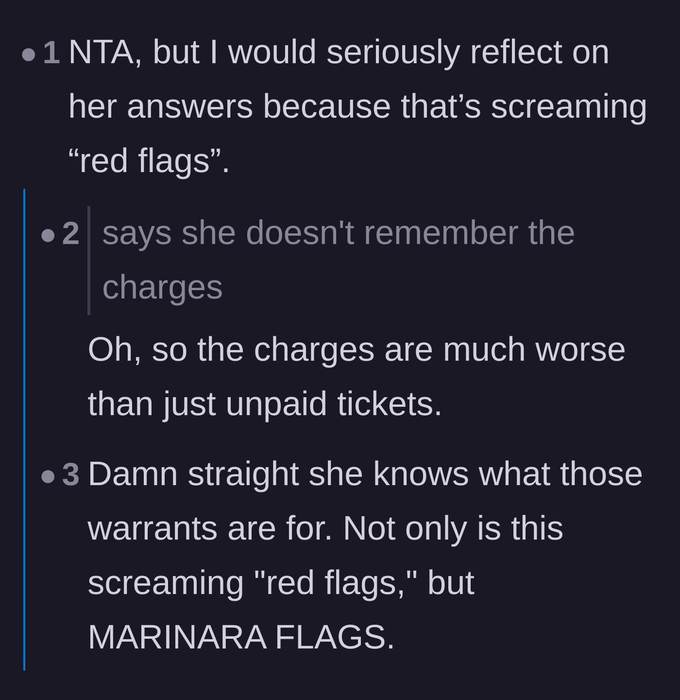 Comment thread 1 - A discussion pointing out the massive red flags of the girlfriend claiming to forget her charges, dubbing them 'marinara flags.'