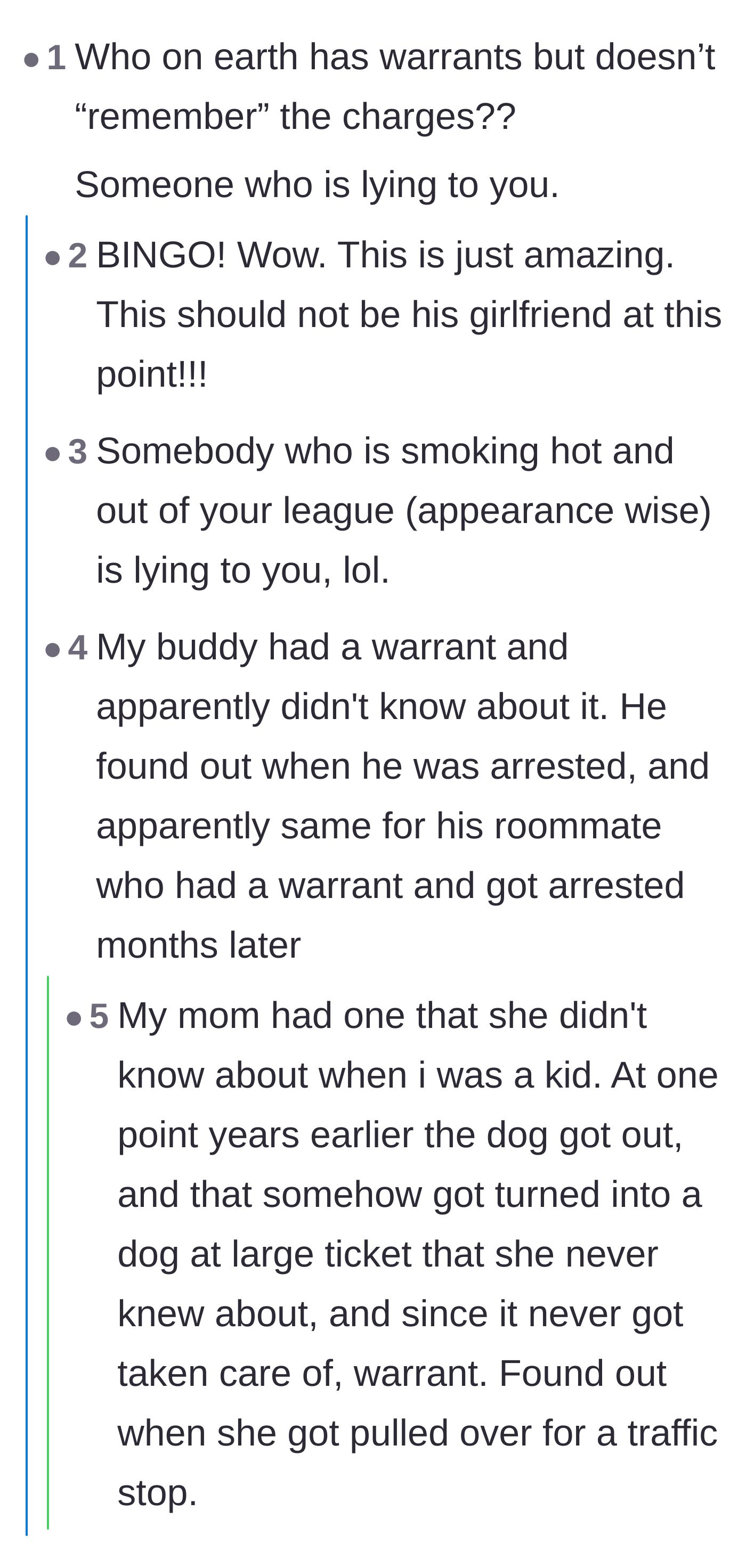 Comment thread 2 - A debate highlighting the stark difference between discovering a surprise warrant and claiming to forget known charges.