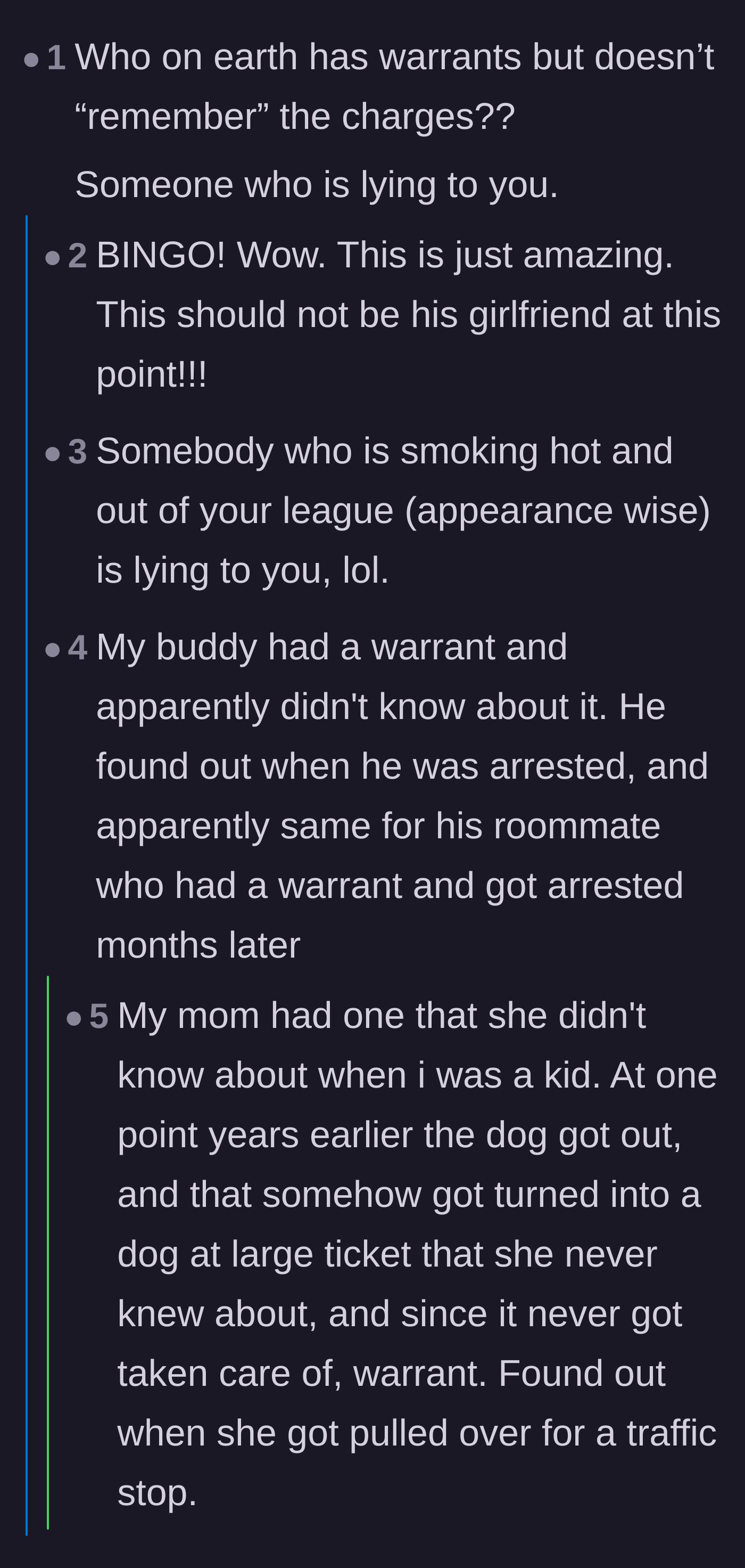 Comment thread 2 - A debate highlighting the stark difference between discovering a surprise warrant and claiming to forget known charges.