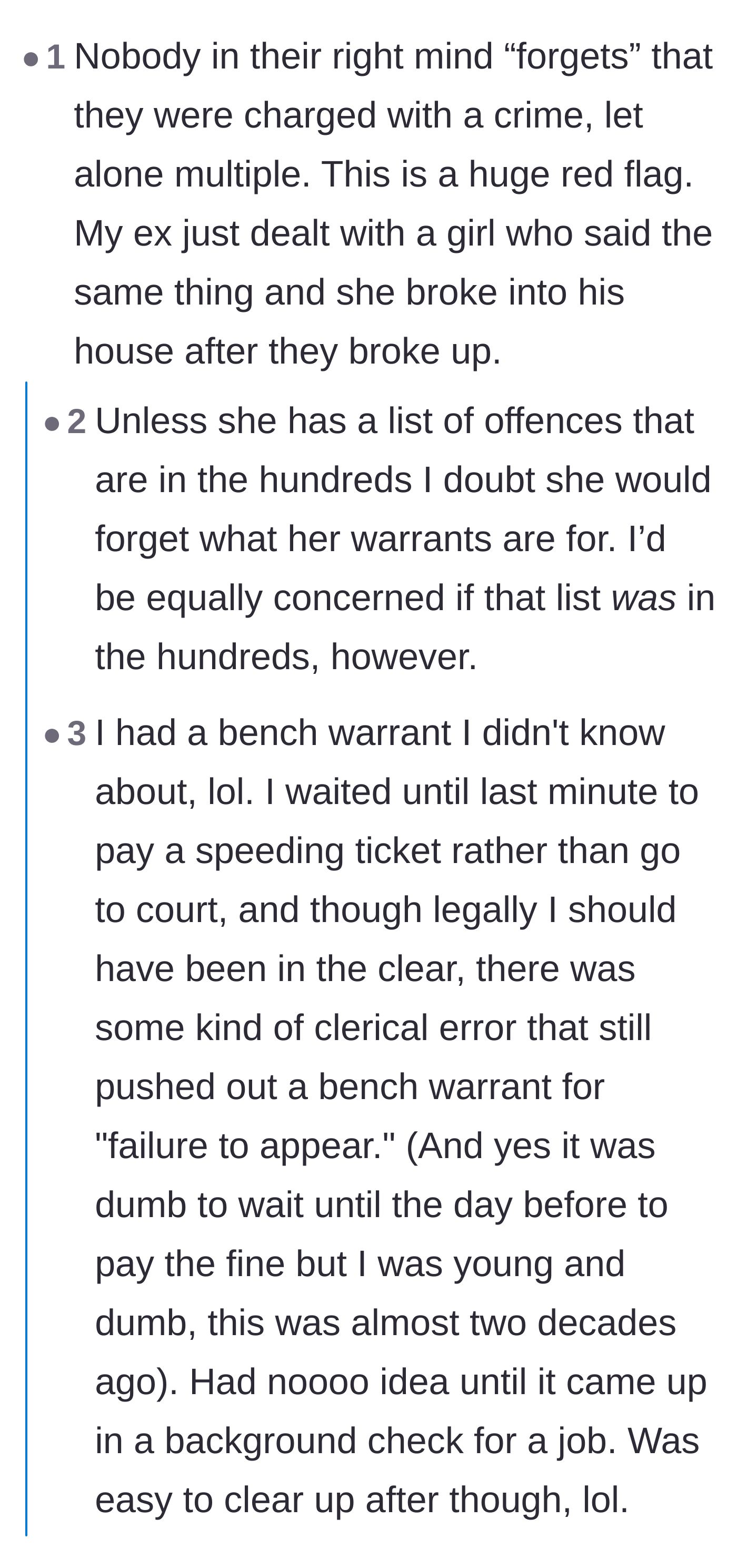 Comment thread 5 - Warnings about the dangers of dating someone who hides their criminal history and expects unconditional loyalty.