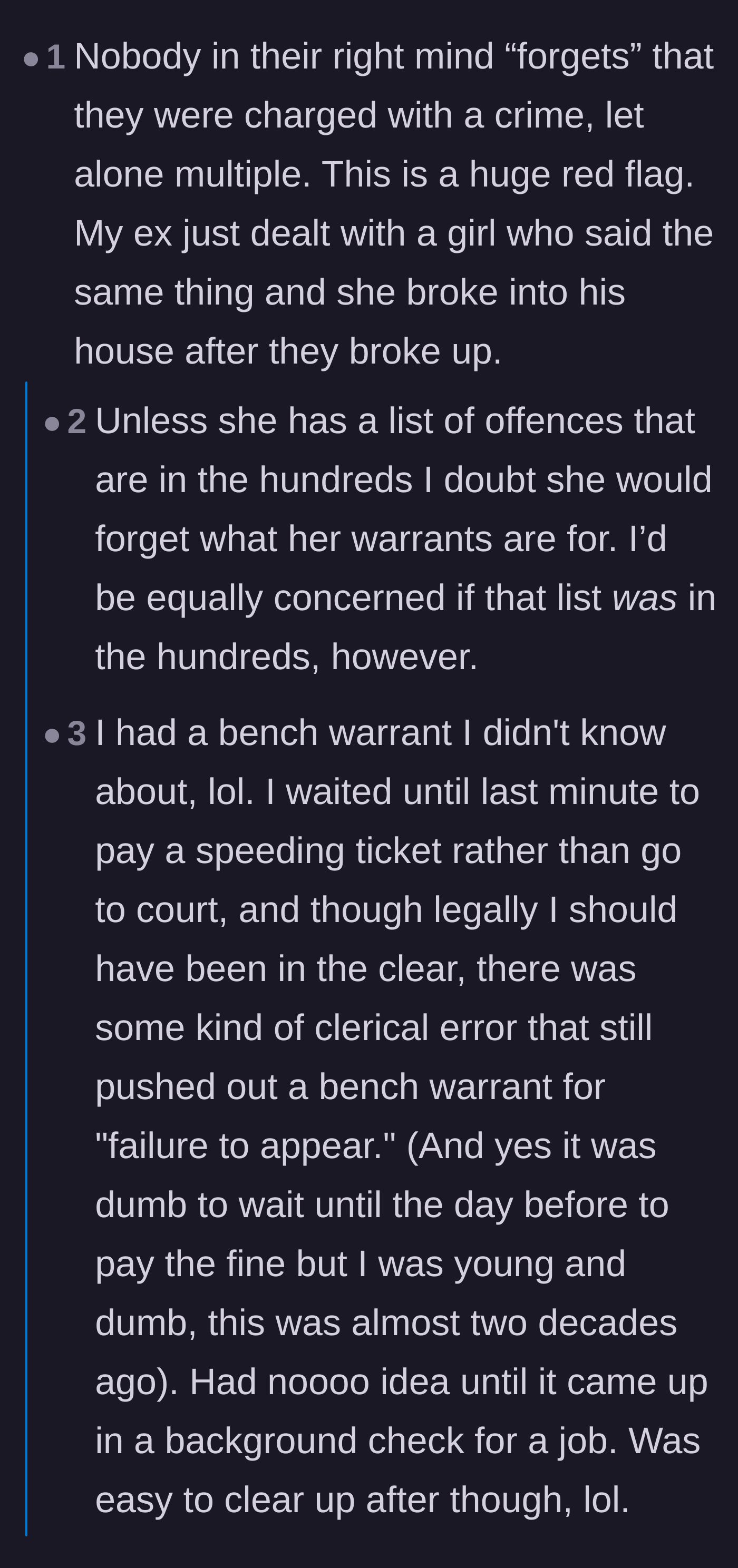 Comment thread 5 - Warnings about the dangers of dating someone who hides their criminal history and expects unconditional loyalty.
