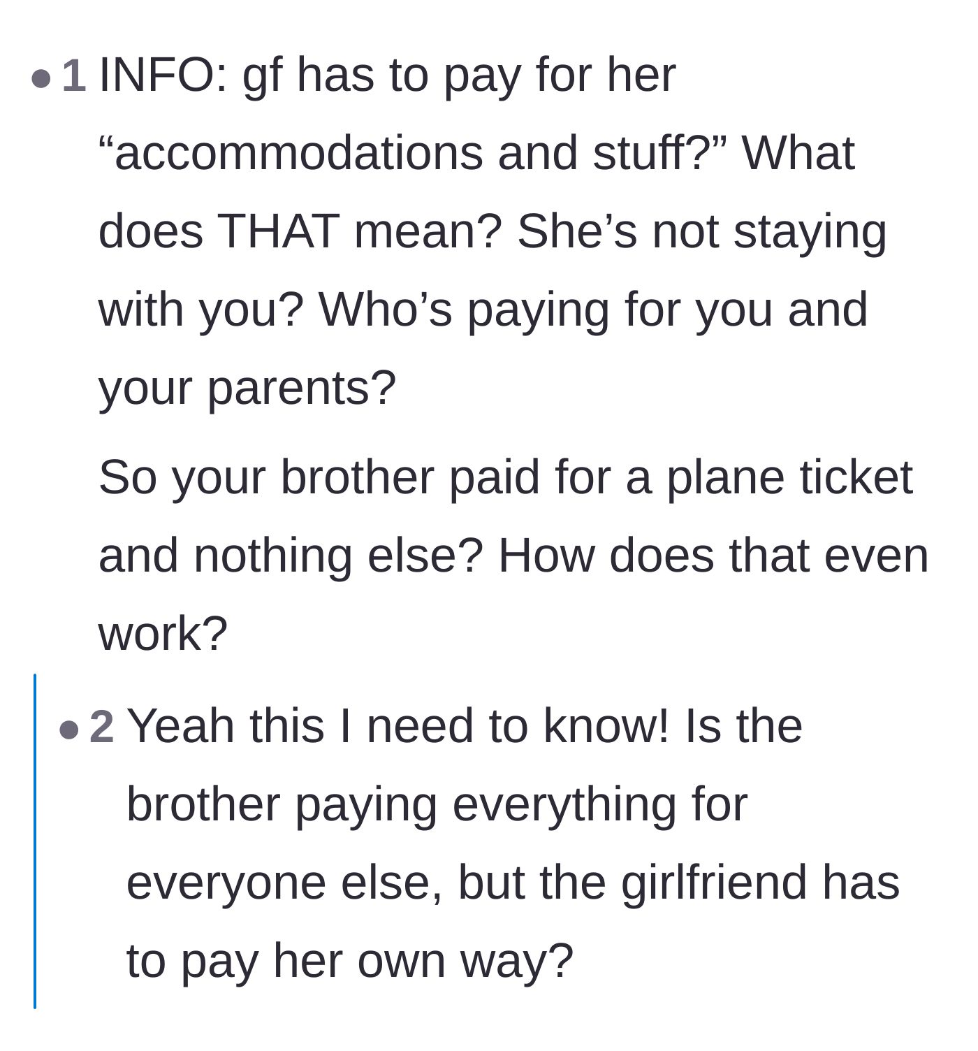 Comment thread 3 - Questioning the math behind charging the girlfriend for a shared hotel room
