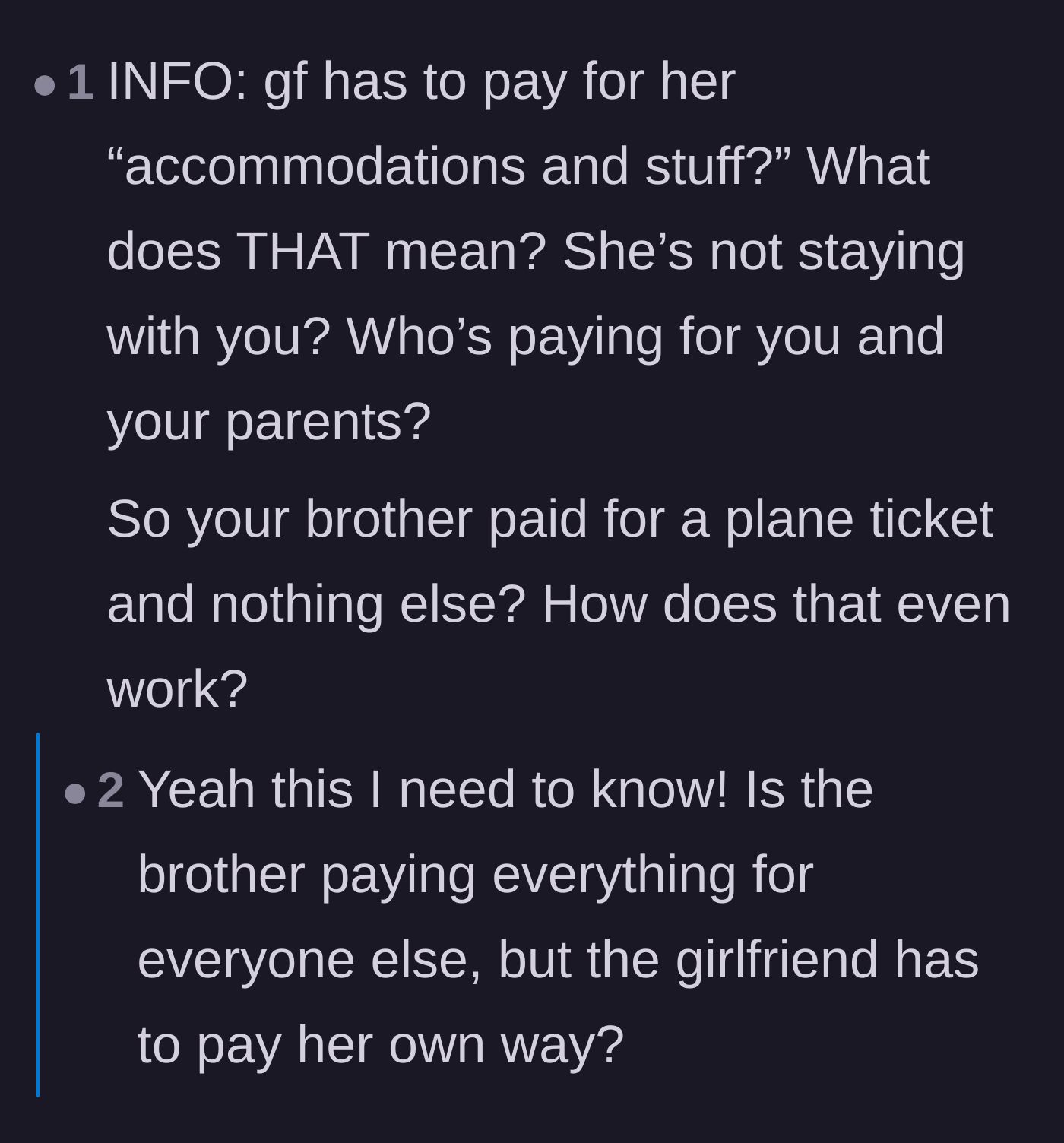 Comment thread 3 - Questioning the math behind charging the girlfriend for a shared hotel room