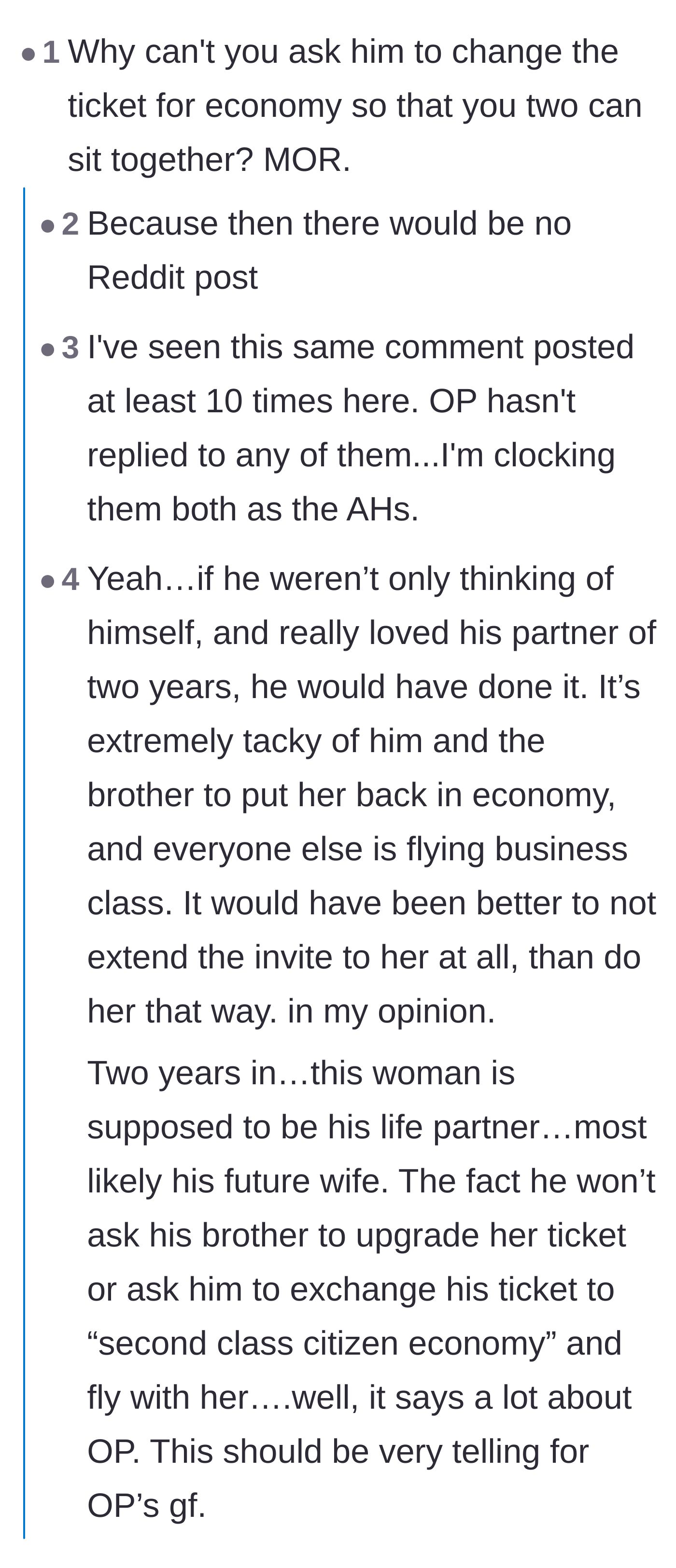 Comment thread 4 - Asking why the boyfriend won't downgrade his own ticket to sit with his partner