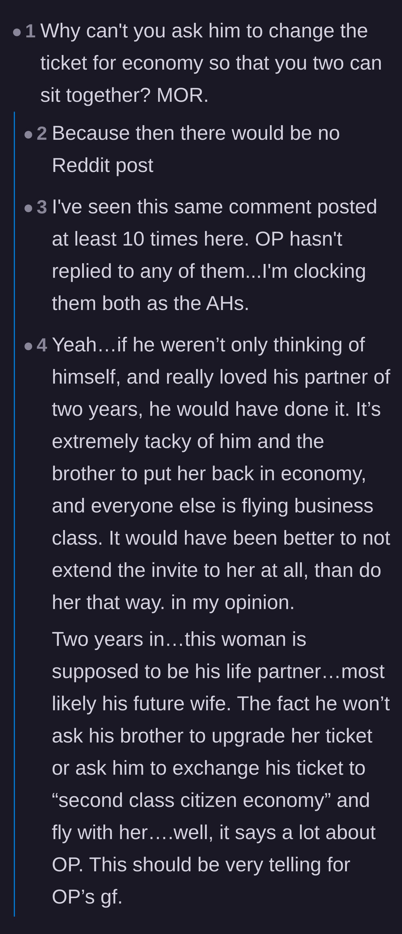 Comment thread 4 - Asking why the boyfriend won't downgrade his own ticket to sit with his partner
