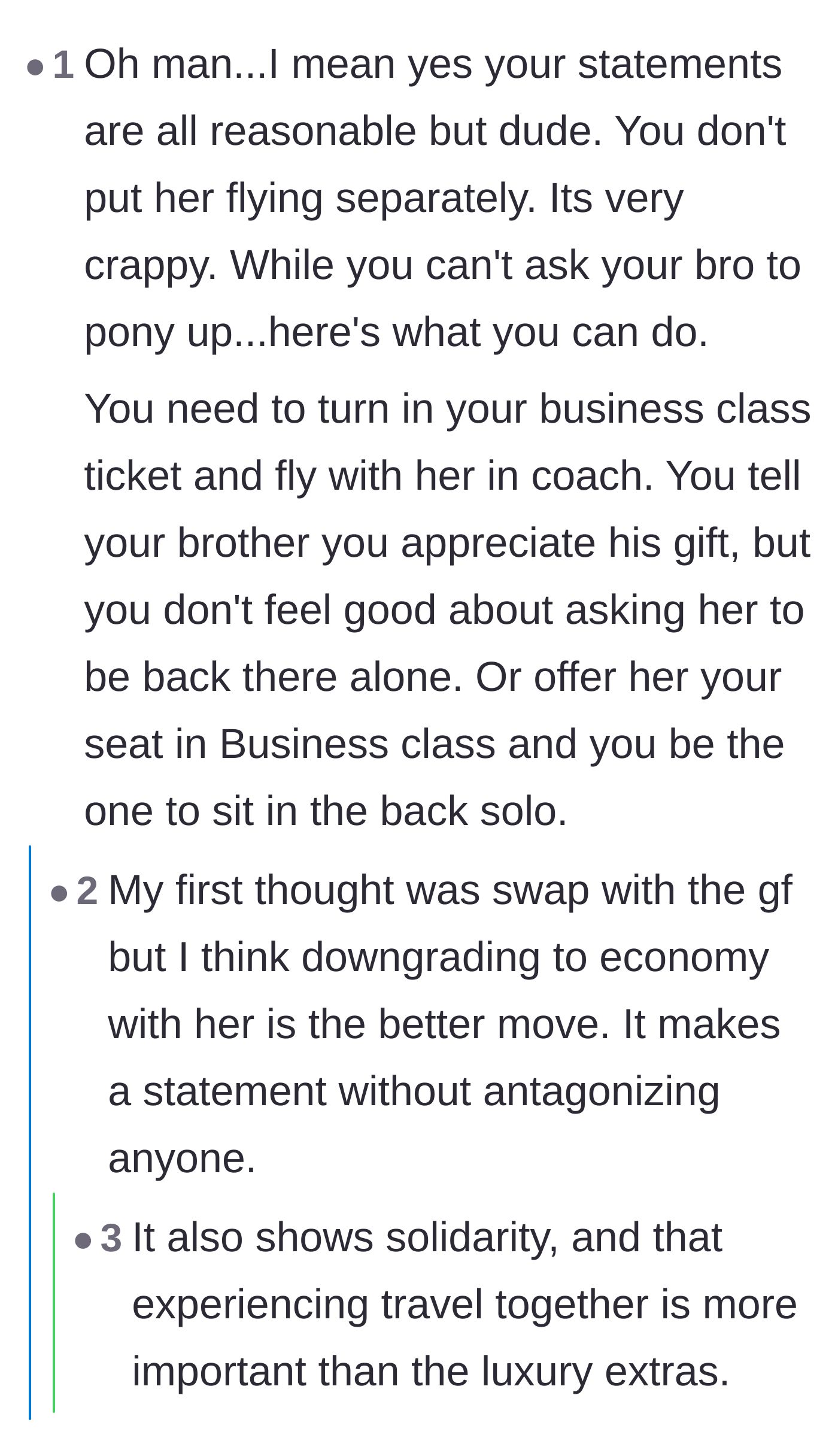 Comment thread 6 - Advising the boyfriend to downgrade to economy to show solidarity with his girlfriend