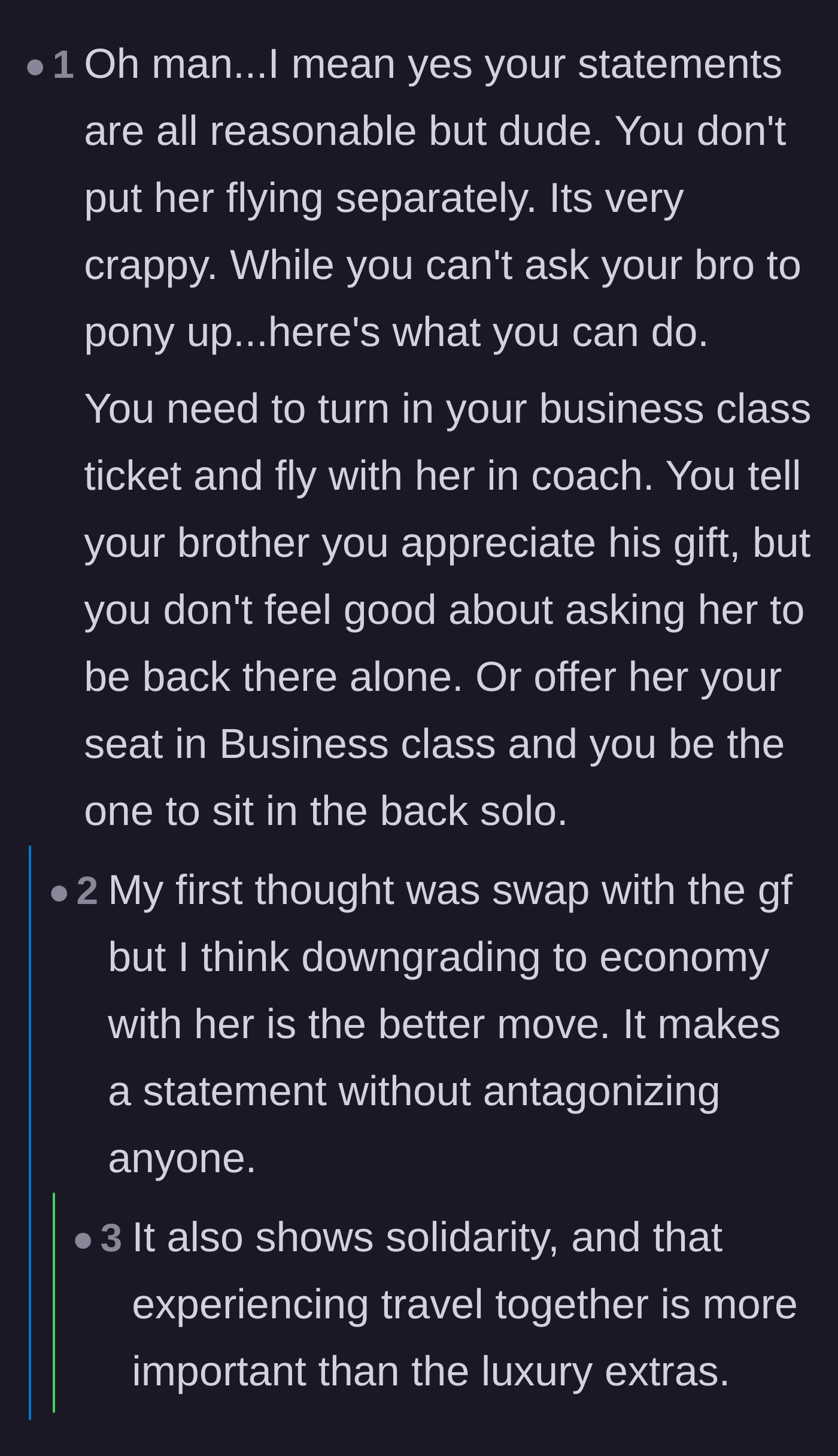 Comment thread 6 - Advising the boyfriend to downgrade to economy to show solidarity with his girlfriend