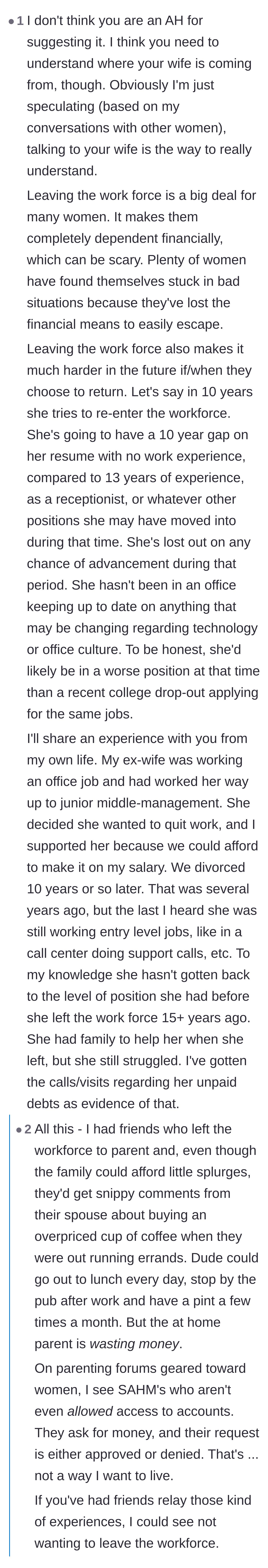 Comment thread 1 - Discussing the long-term career and financial risks women face when leaving the workforce.