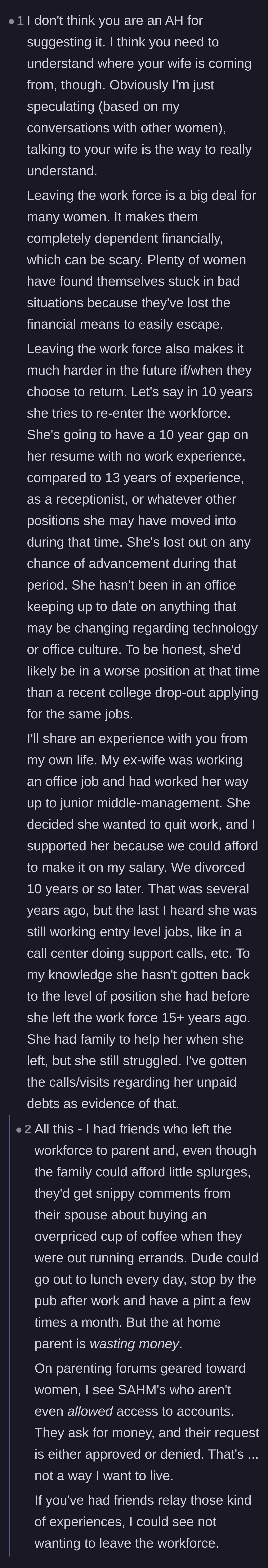 Comment thread 1 - Discussing the long-term career and financial risks women face when leaving the workforce.