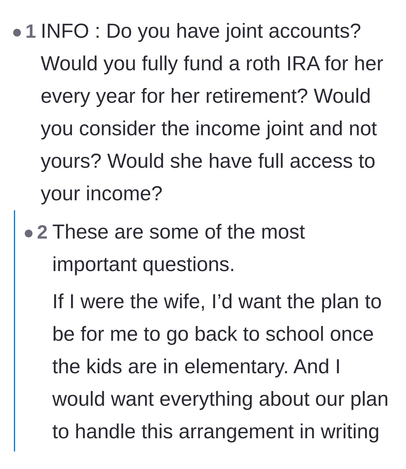 Comment thread 2 - Questioning the husband on joint accounts, retirement funding, and financial protections.