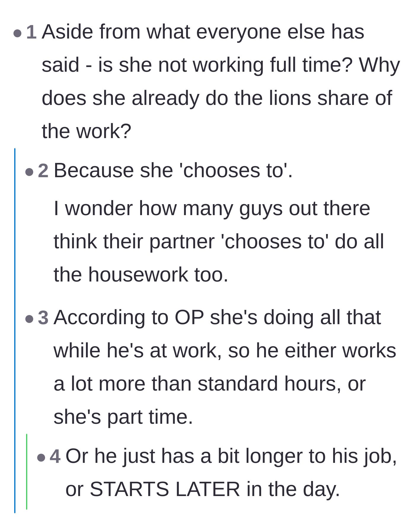Comment thread 3 - Scrutinizing why the wife is already doing the majority of the household chores while working.