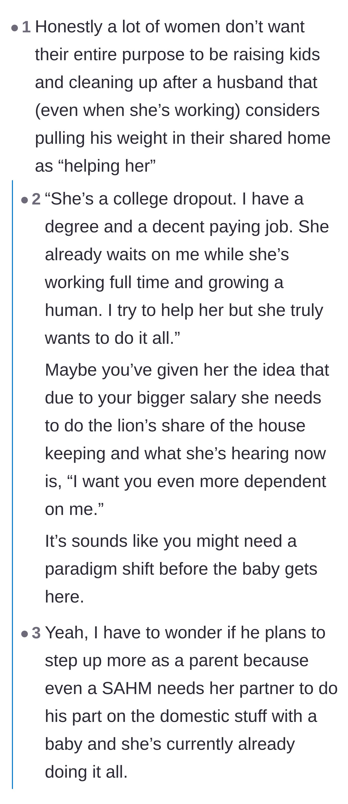 Comment thread 4 - Calling out the husband's condescending tone regarding his wife's education and job.