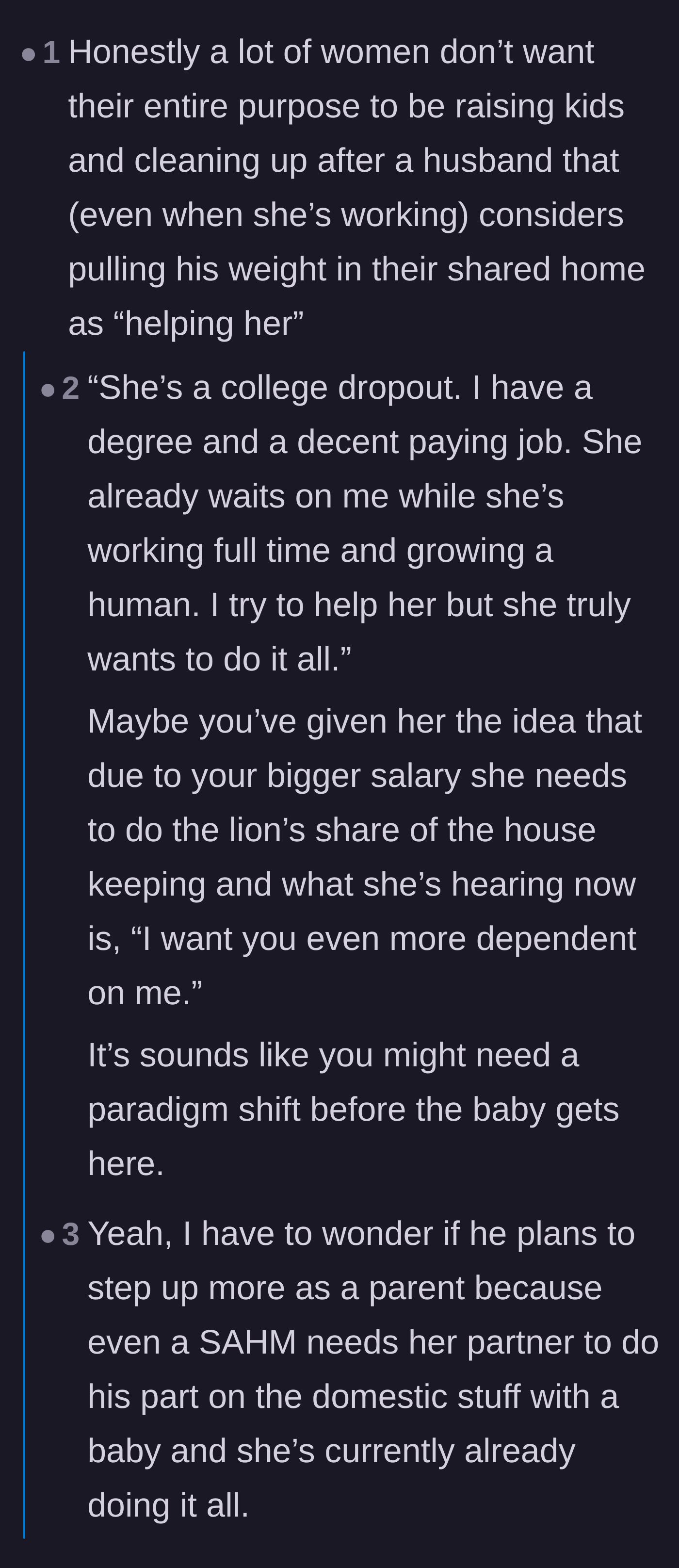 Comment thread 4 - Calling out the husband's condescending tone regarding his wife's education and job.