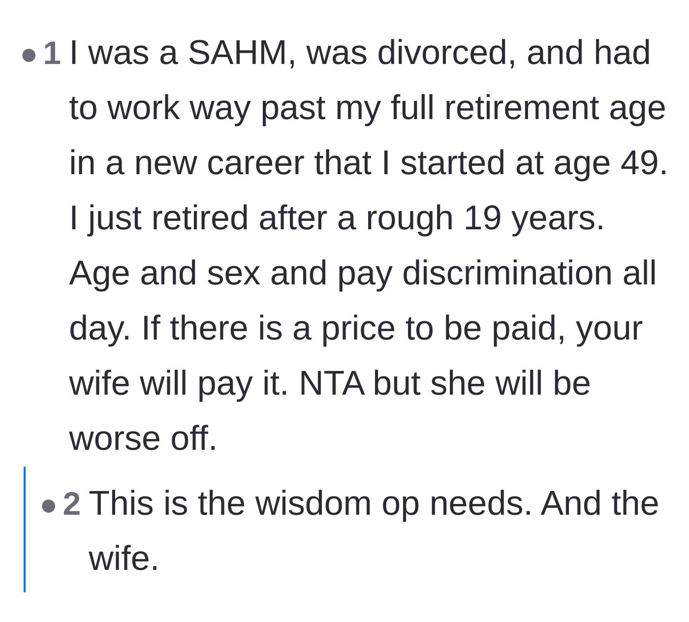 Comment thread 5 - A former stay-at-home mom sharing her difficult experience re-entering the workforce after divorce.