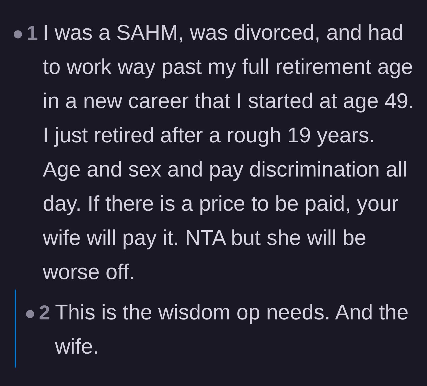 Comment thread 5 - A former stay-at-home mom sharing her difficult experience re-entering the workforce after divorce.