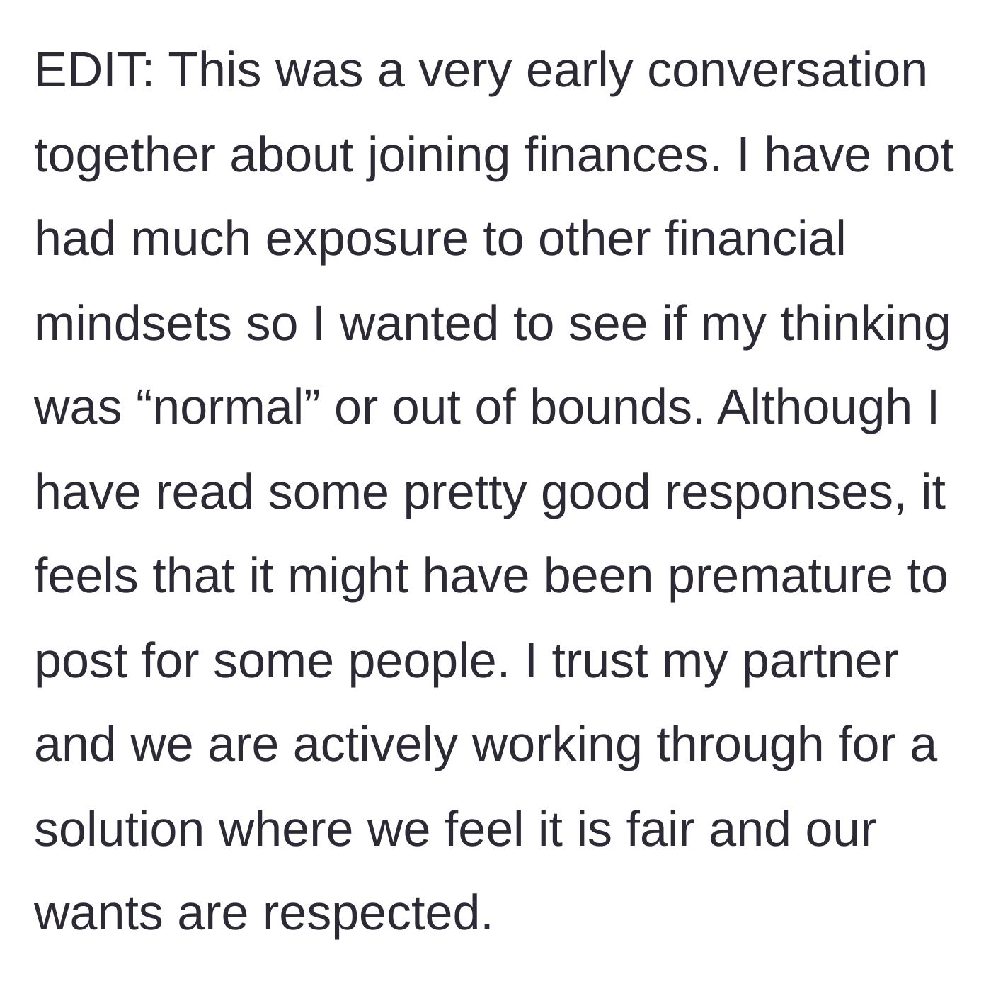 Story part 5 - An edit where the woman defends her partner, stating it was an early conversation and that they are actively trying to figure out what is fair.