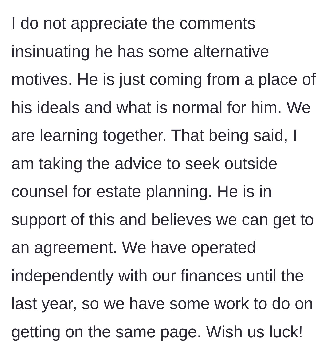Story part 6 - The final edit showing the couple is getting outside legal counsel to sort out their estate planning professionally.