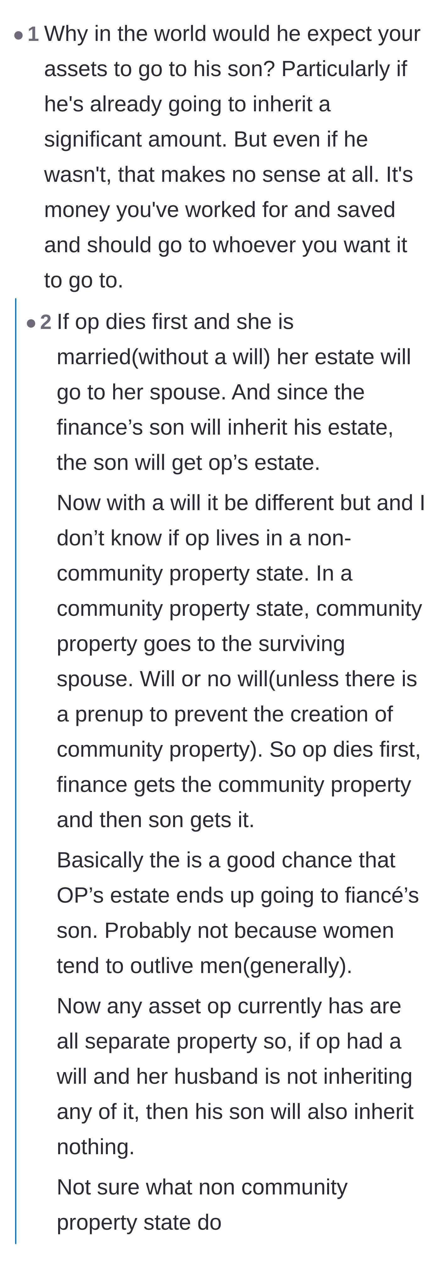 Comment thread 1 - A deep dive into California community property laws and how the main character's assets could default to her stepson without an ironclad prenup.