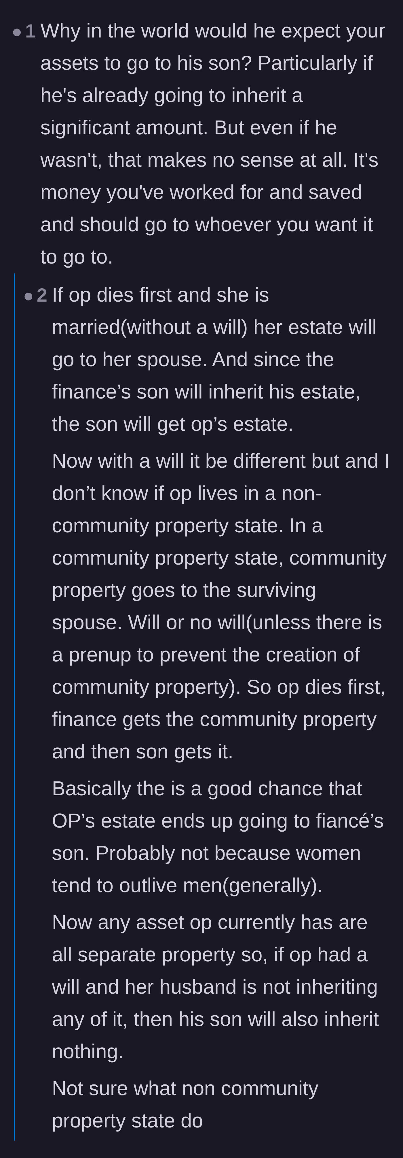 Comment thread 1 - A deep dive into California community property laws and how the main character's assets could default to her stepson without an ironclad prenup.