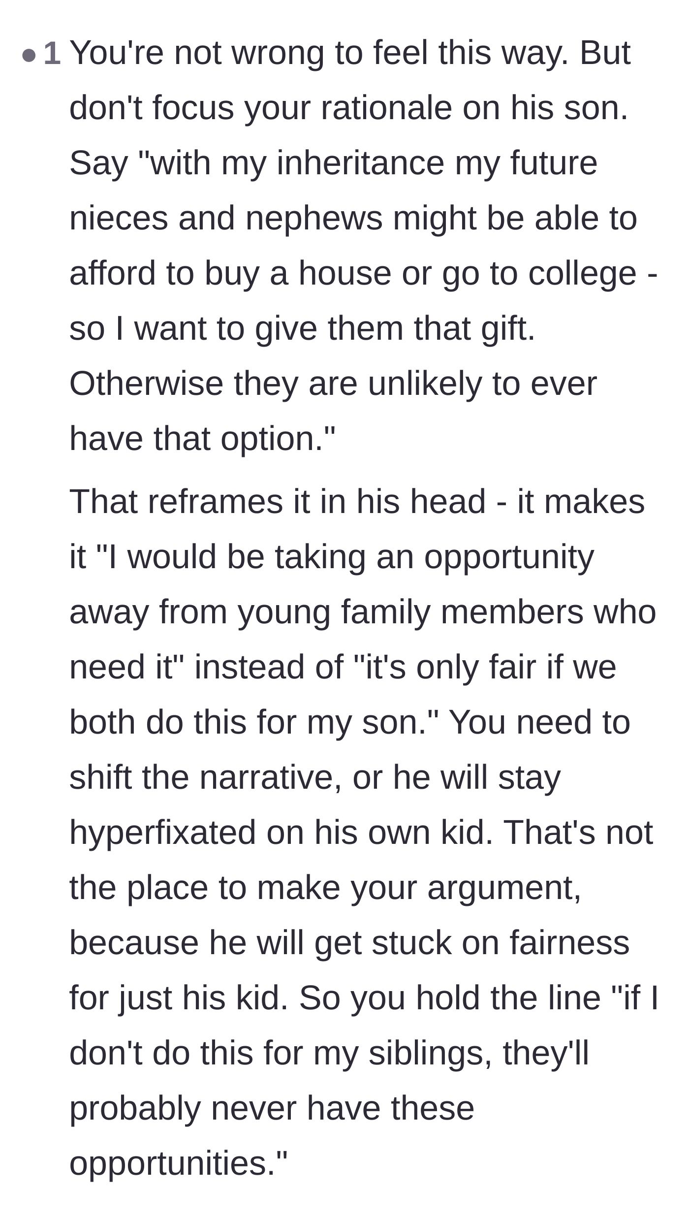 Comment thread 5 - Strategic advice on framing the inheritance as a necessary opportunity for her lower-income nieces and nephews to prevent the fiancé from feeling rejected.