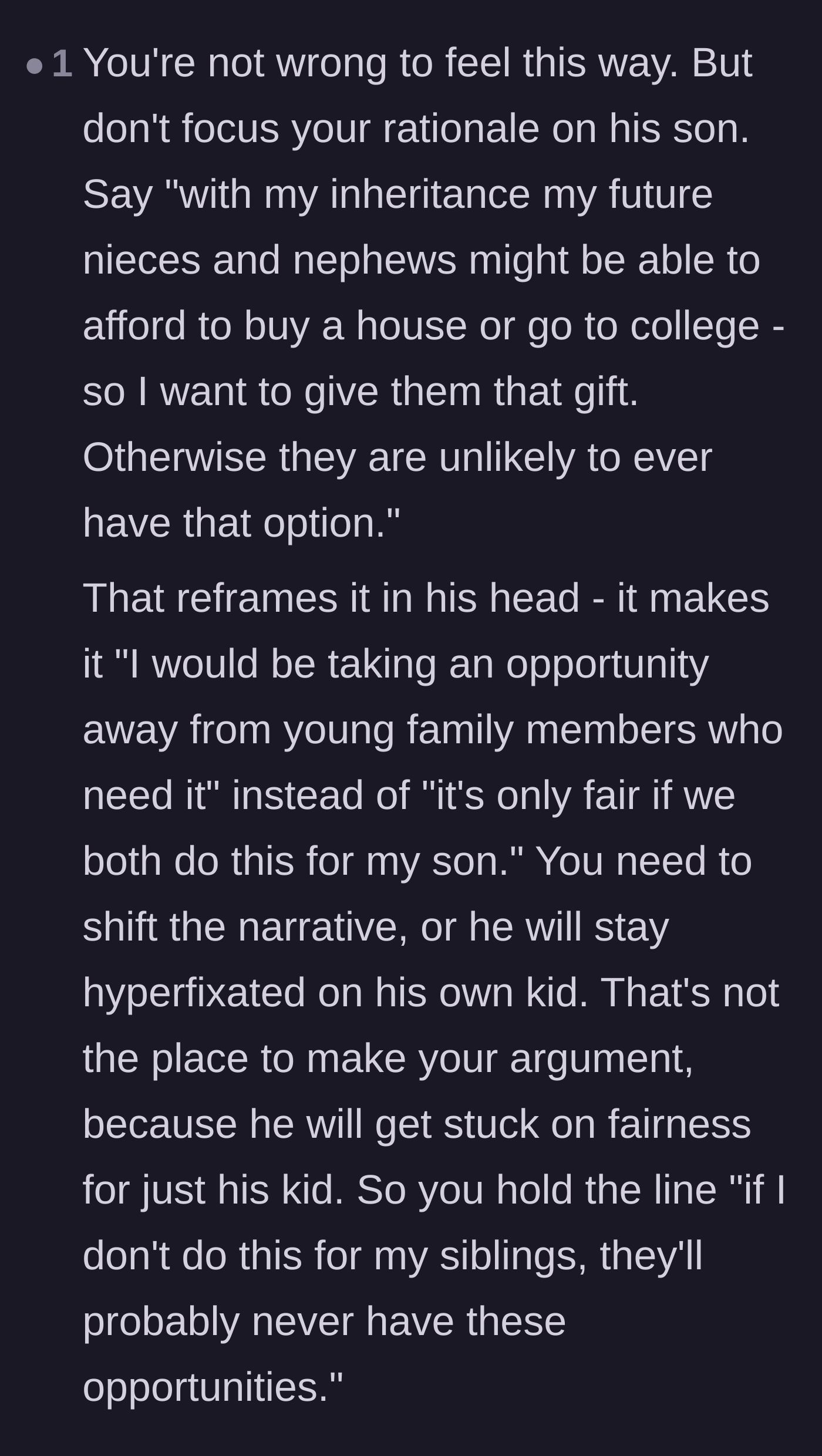 Comment thread 5 - Strategic advice on framing the inheritance as a necessary opportunity for her lower-income nieces and nephews to prevent the fiancé from feeling rejected.