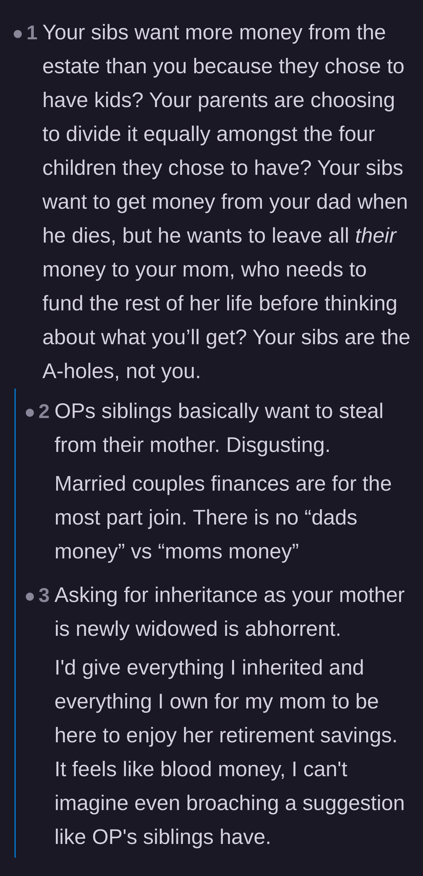 Comment thread 2 - A user pointing out that choosing to have children doesn't entitle someone to a larger inheritance.
